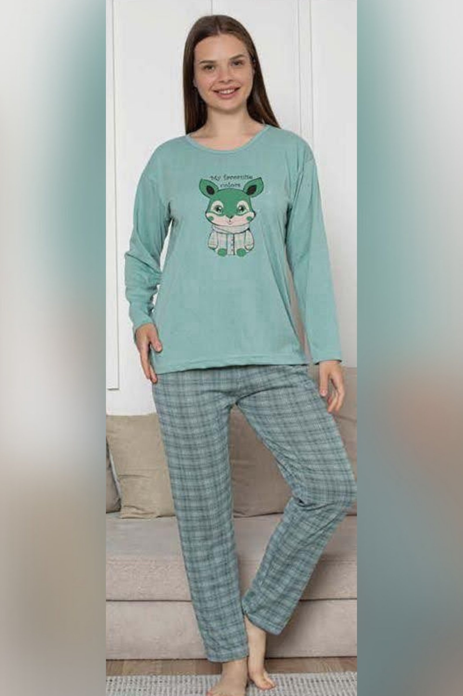 Ecodream Uzun Kollu Desenli Ekonomik Kadın Pijama Takımı - Yeşil