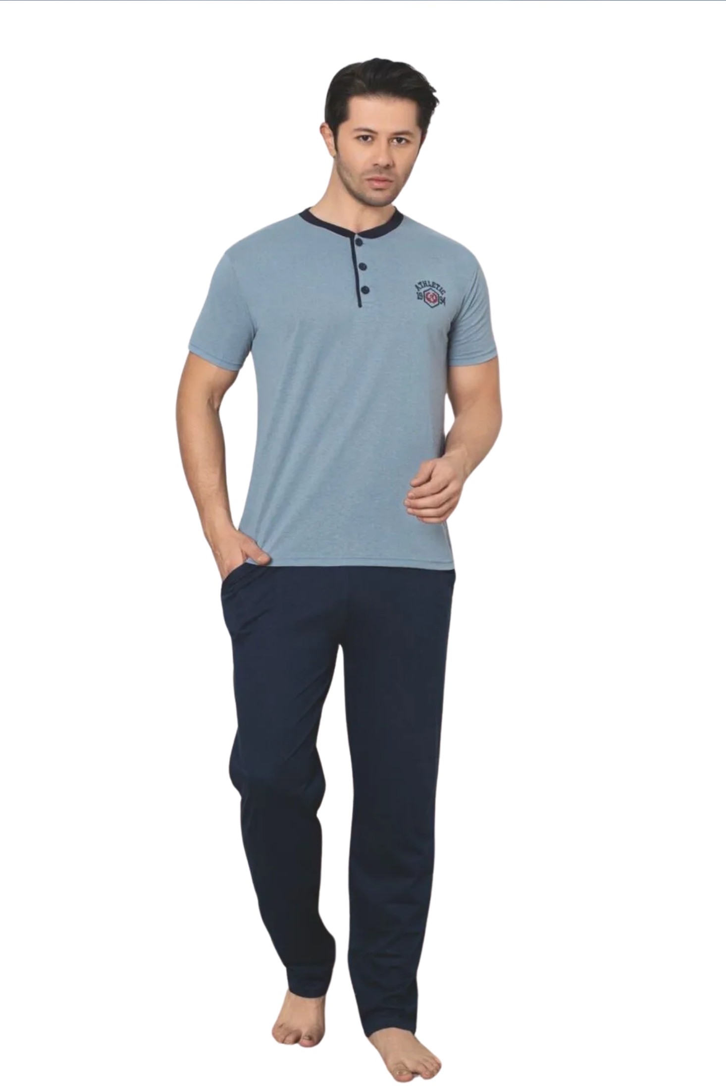 Dreamy Pamuklu Cepli Kısa Kollu Örme Erkek Pijama Takımı - Mavi