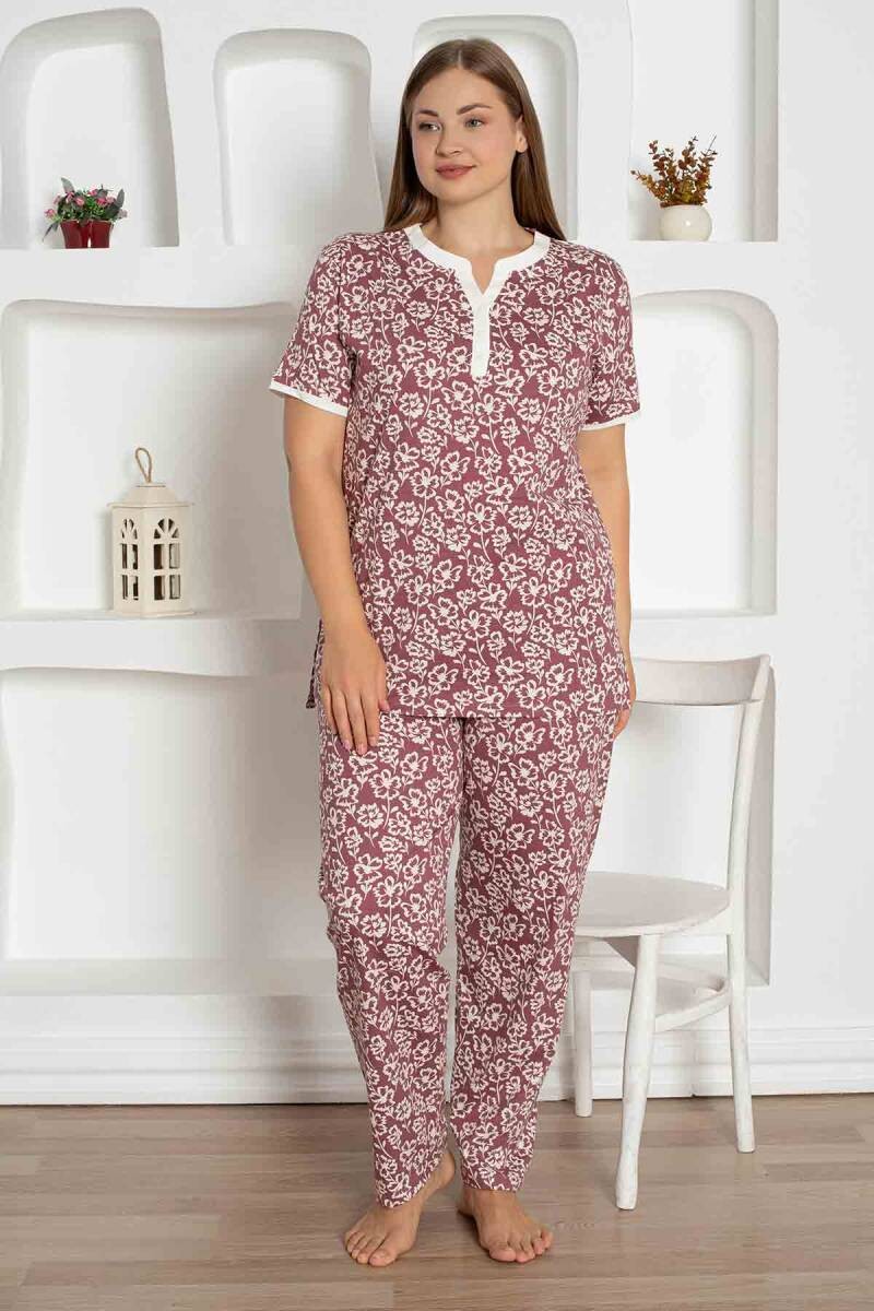X-Dreamy Büyük Beden Likralı Pamuklu Çiçekli Kısa Kollu Pijama Takımı - Gül Kurusu