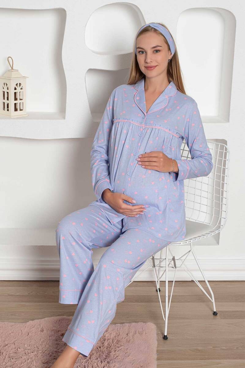 Mother's Dream Pamuklu Biyeli Düğmeli Hamile Lohusa Pijama Takımı - Mavi