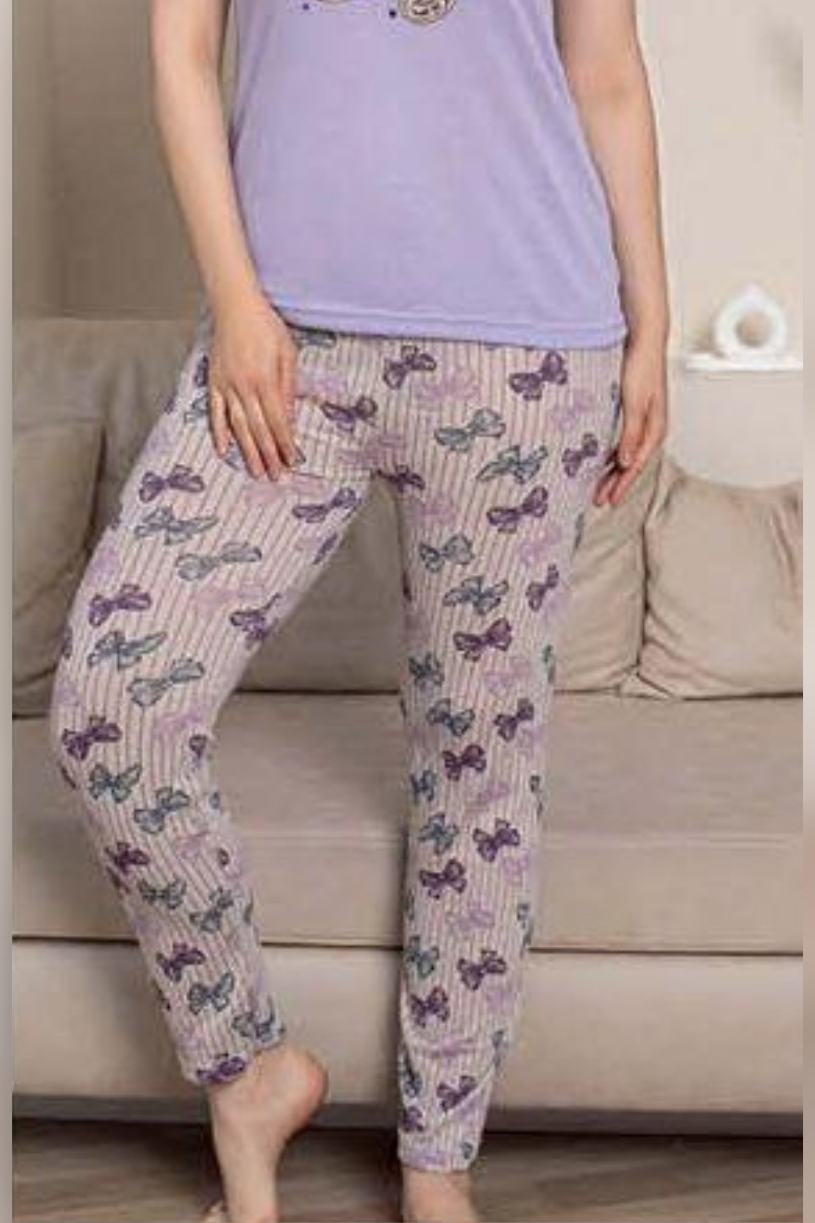 Ecodream Kısa Kollu Desenli Ekonomik Kadın Pijama Takımı - Lila