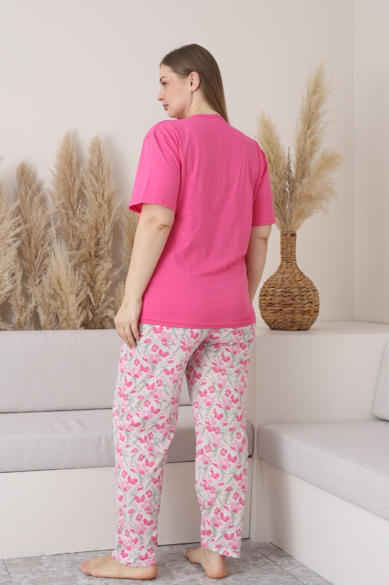 X-Dreamy Büyük Beden Pamuklu Düğmeli Yaka Kısa Kollu Penye Pijama Takımı - Fuşya