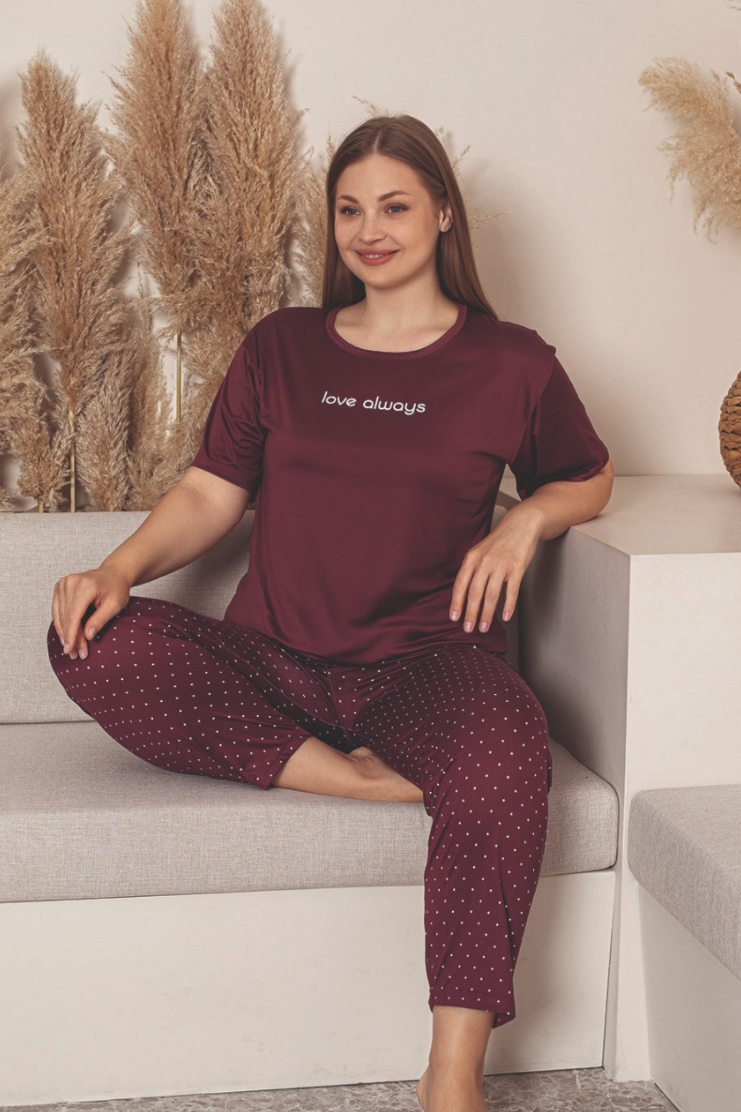 Büyük Beden Milan Bambu Kısa Kollu Likralı Penye Pijama Takımı - Bordo
