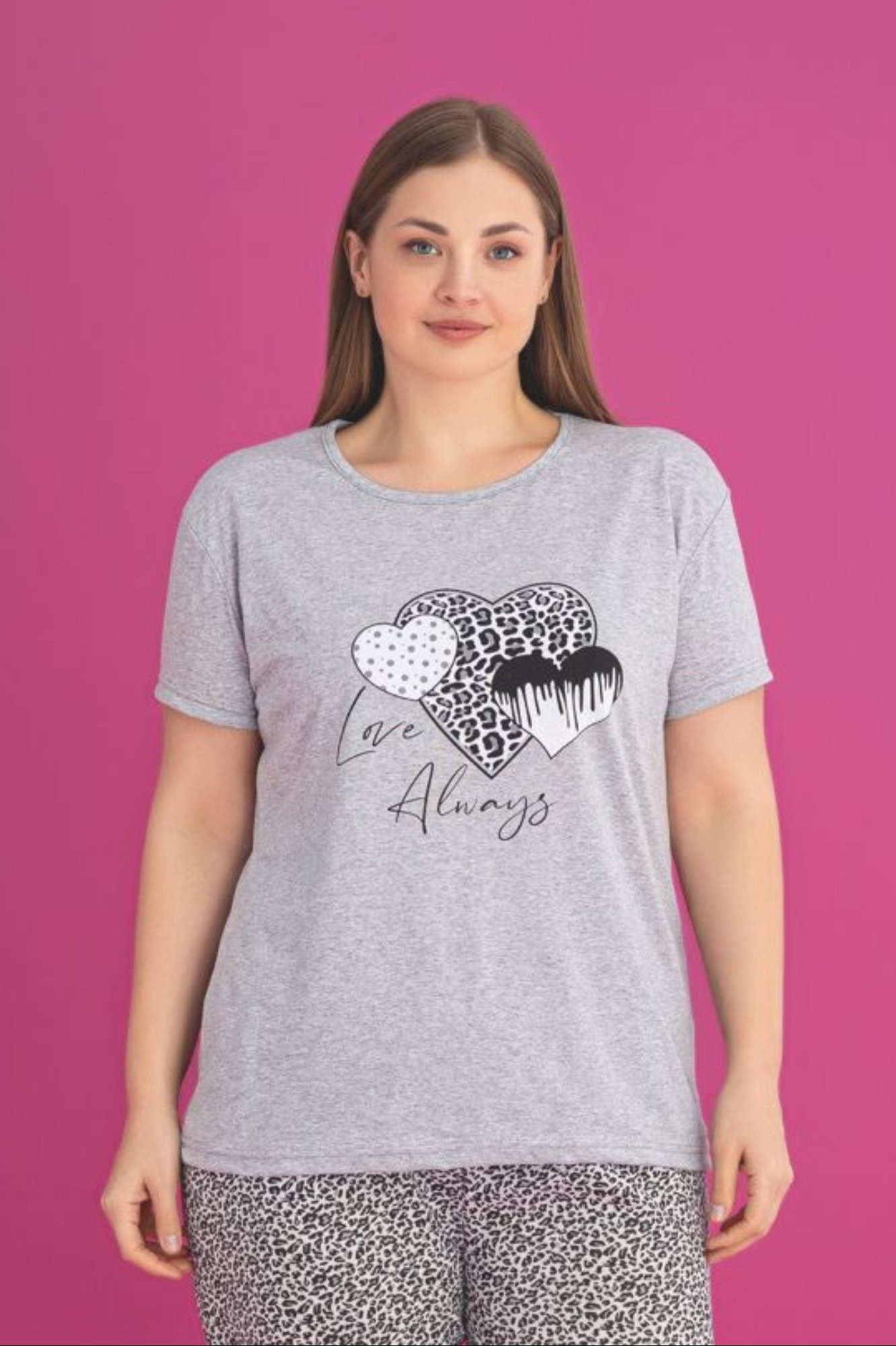 X-Dreamy Büyük Beden Pamuklu Leopar Desenli Kısa Kollu Pijama Takımı - Gri