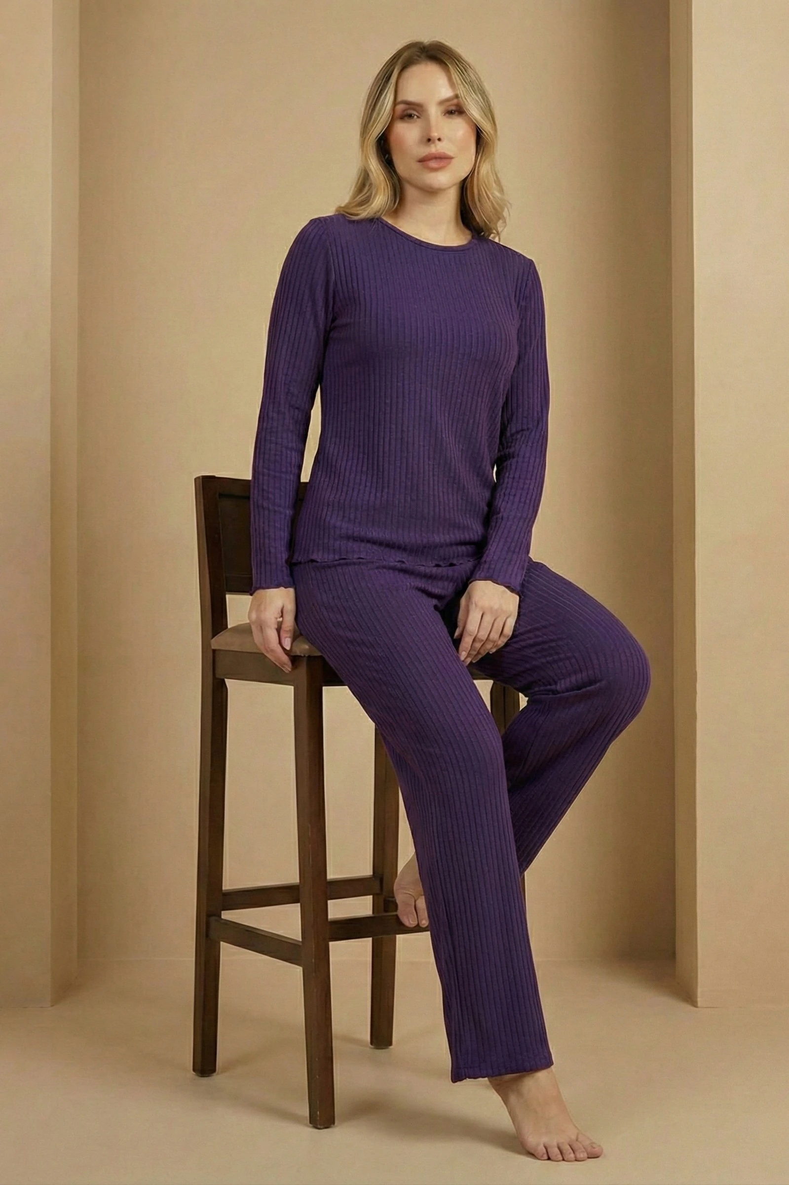 Uzun Kollu Bol Paça Yumuşak Şeritli Örme Kaşkorse Pijama Takımı - Mor