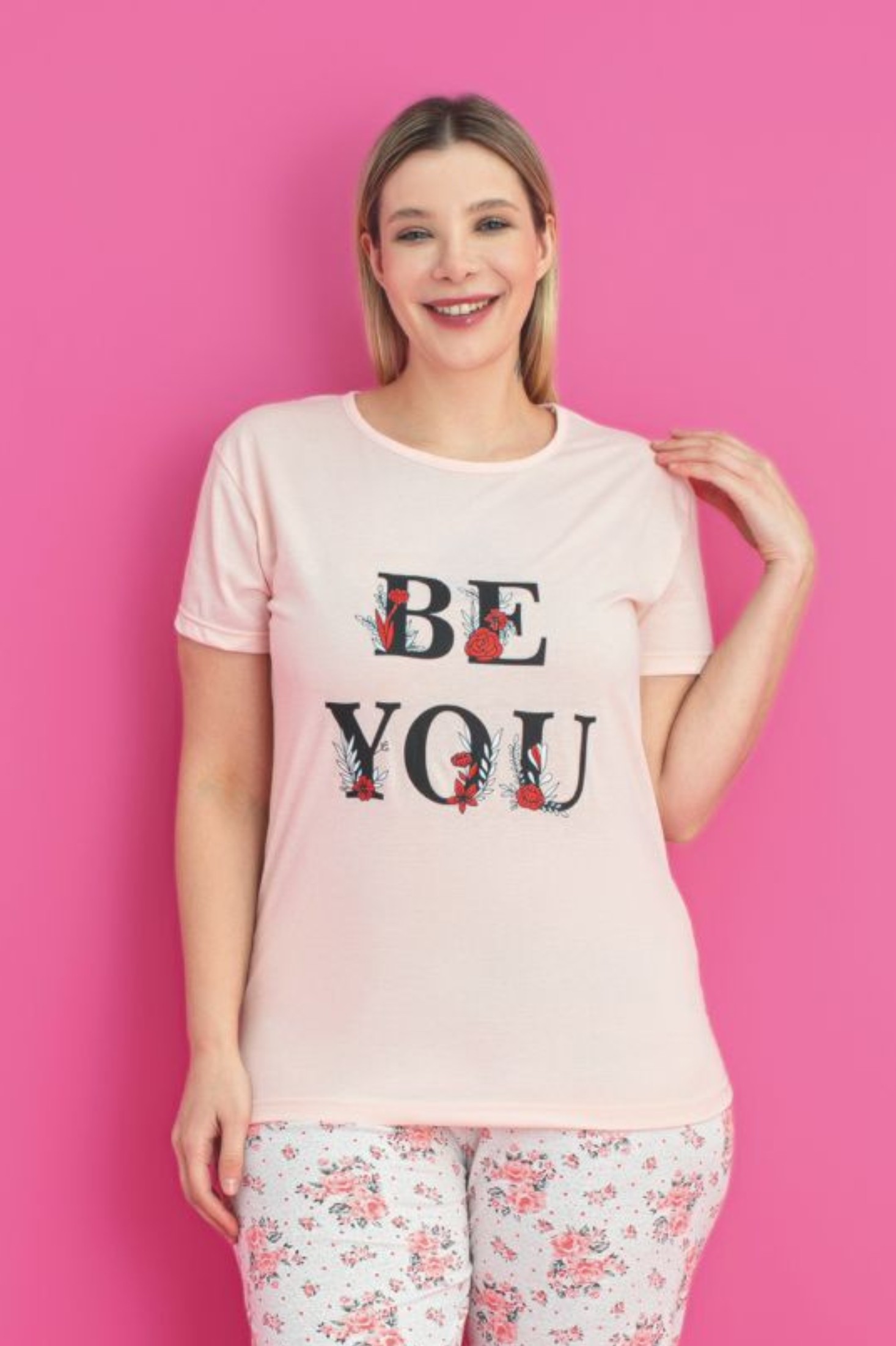 X-Dreamy Büyük Beden Pamuklu Desenli Kısa Kollu Pijama Takımı - Somon