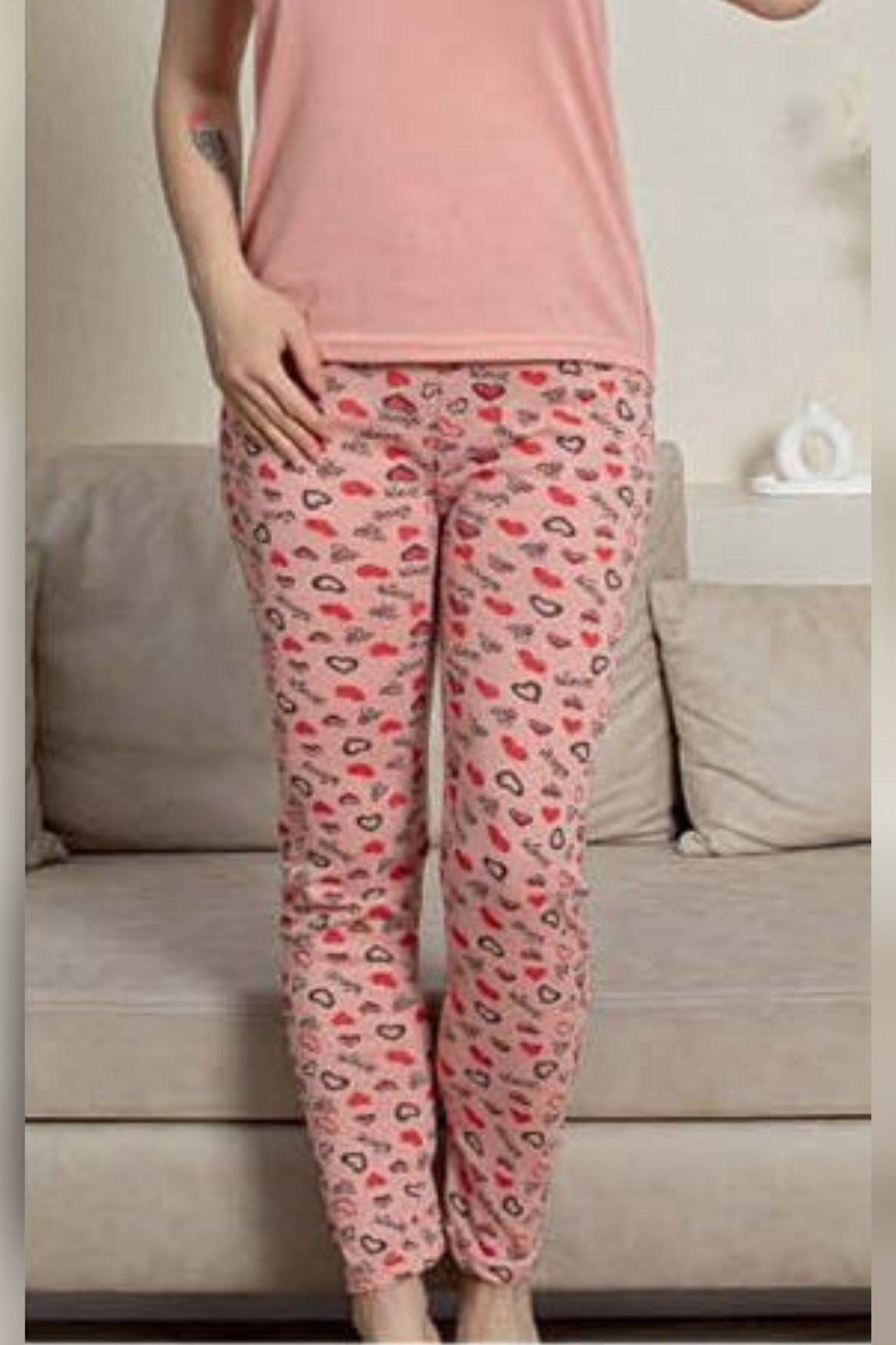 Ecodream Kısa Kollu Desenli Ekonomik Kadın Pijama Takımı - Somon