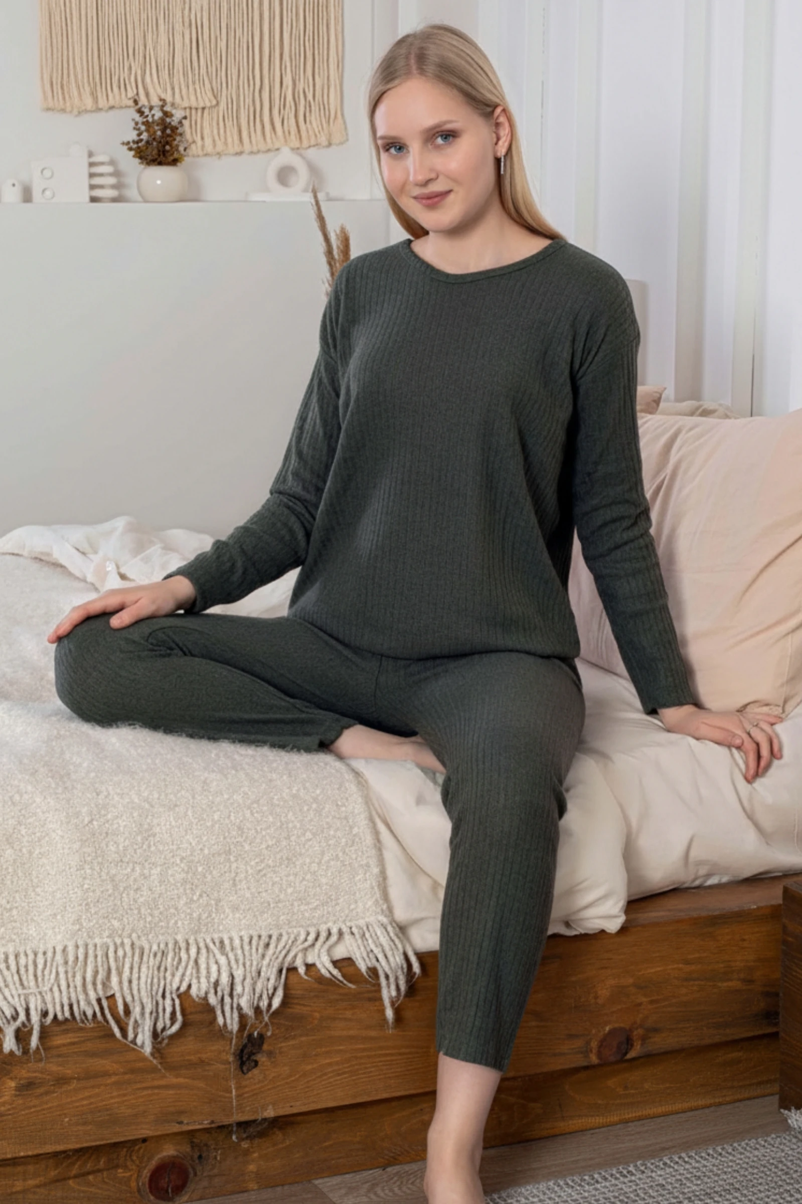 Kalın Kışlık İnterlok Şeritli Uzun Kollu Örme Pijama Takımı - Yeşil