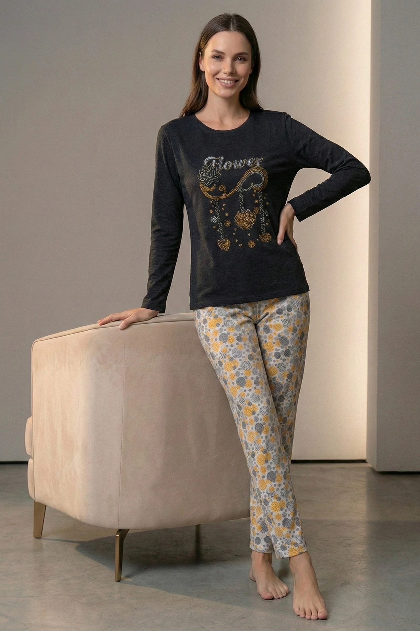 Dreamy Pamuklu Desenli 2 İplik Uzun Kollu Pijama Takımı - Siyah-Sarı