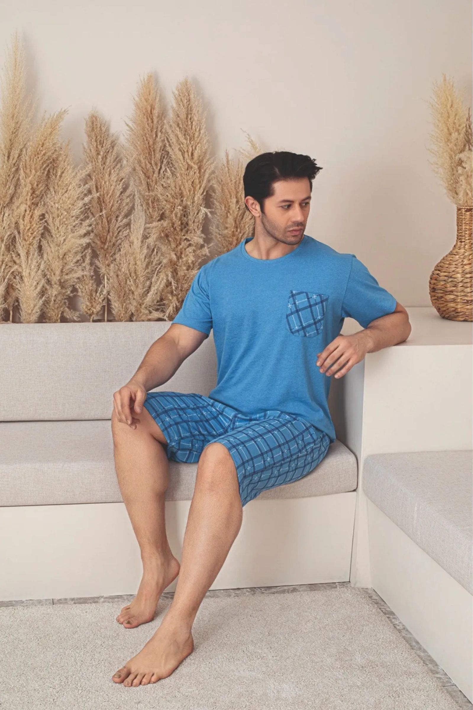 Dreamy Pamuklu Cepli Desenli Kısa Kollu Şortlu Erkek Pijama Takımı - Mavi