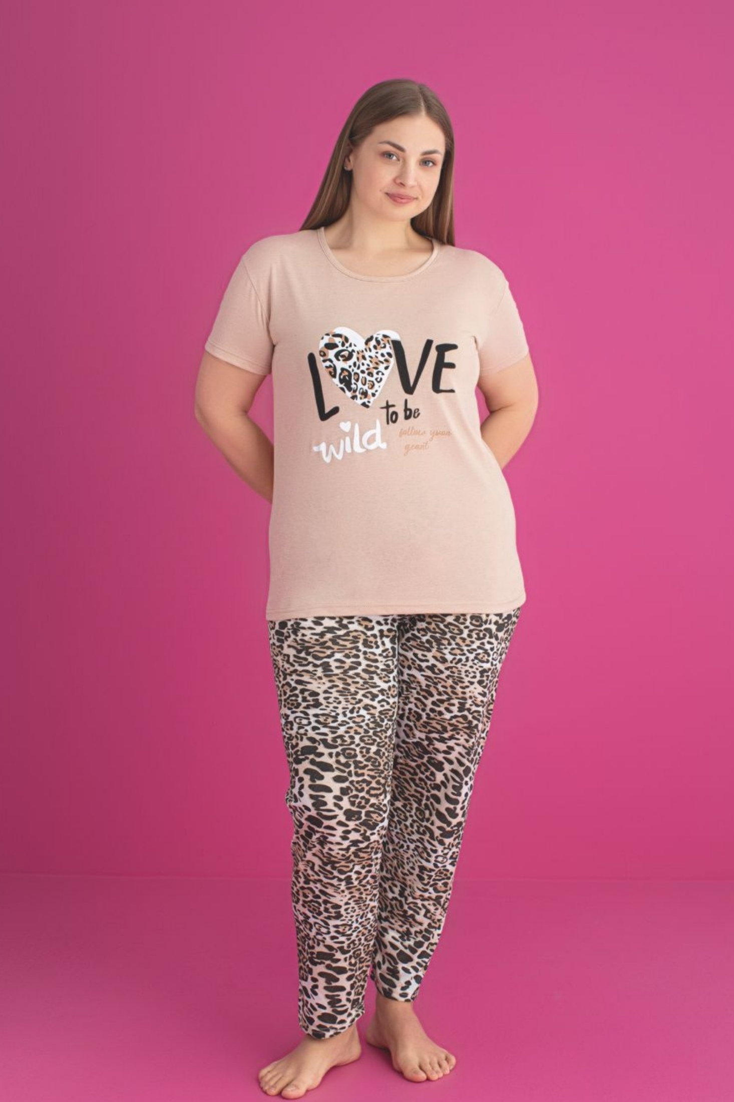 X-Dreamy Büyük Beden Pamuklu Leopar Desenli Kısa Kollu Pijama Takımı - Bej