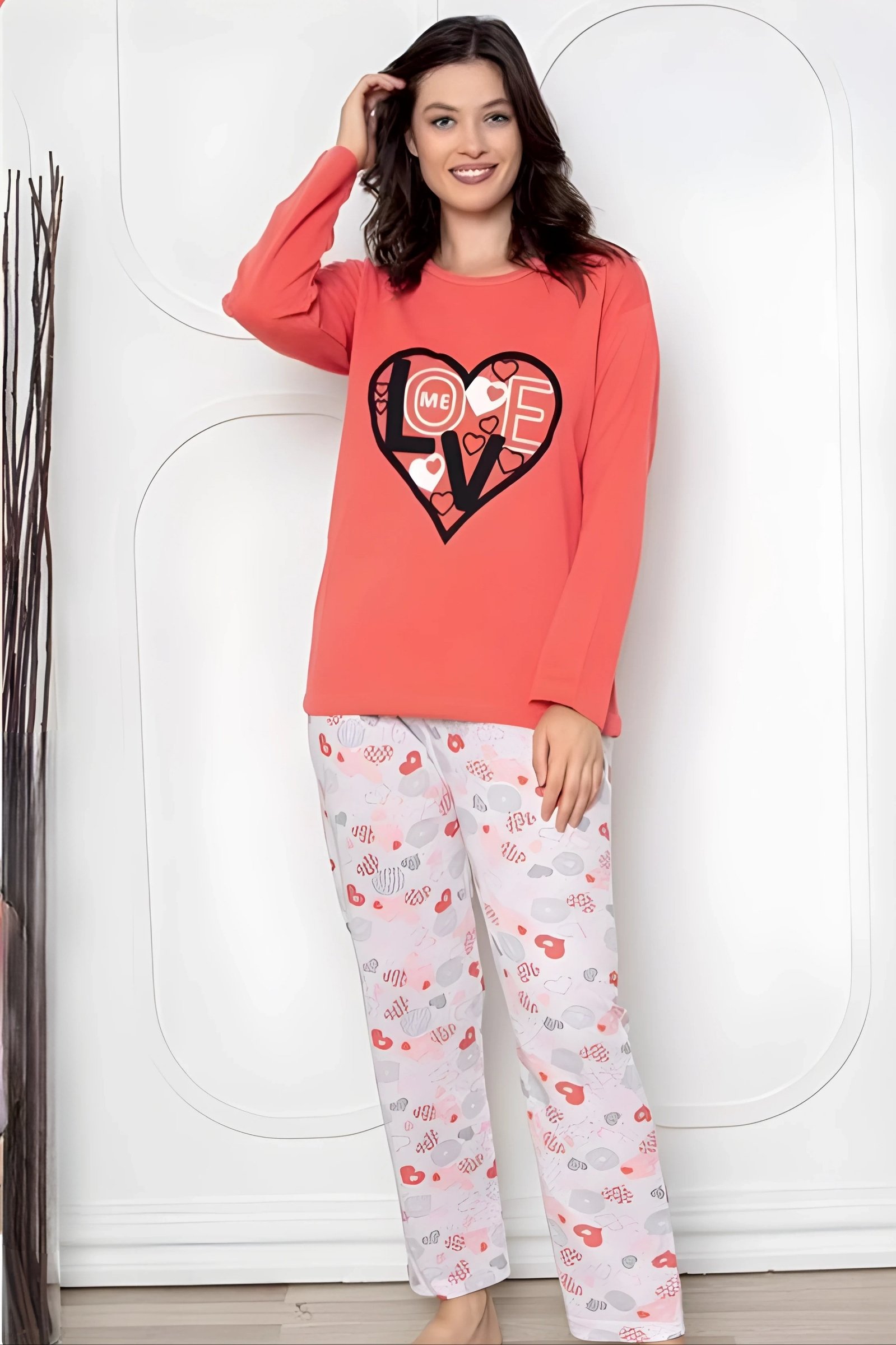 Dreamy Pamuklu Desenli 2 İplik Uzun Kollu Pijama Takımı - Yavruağzı