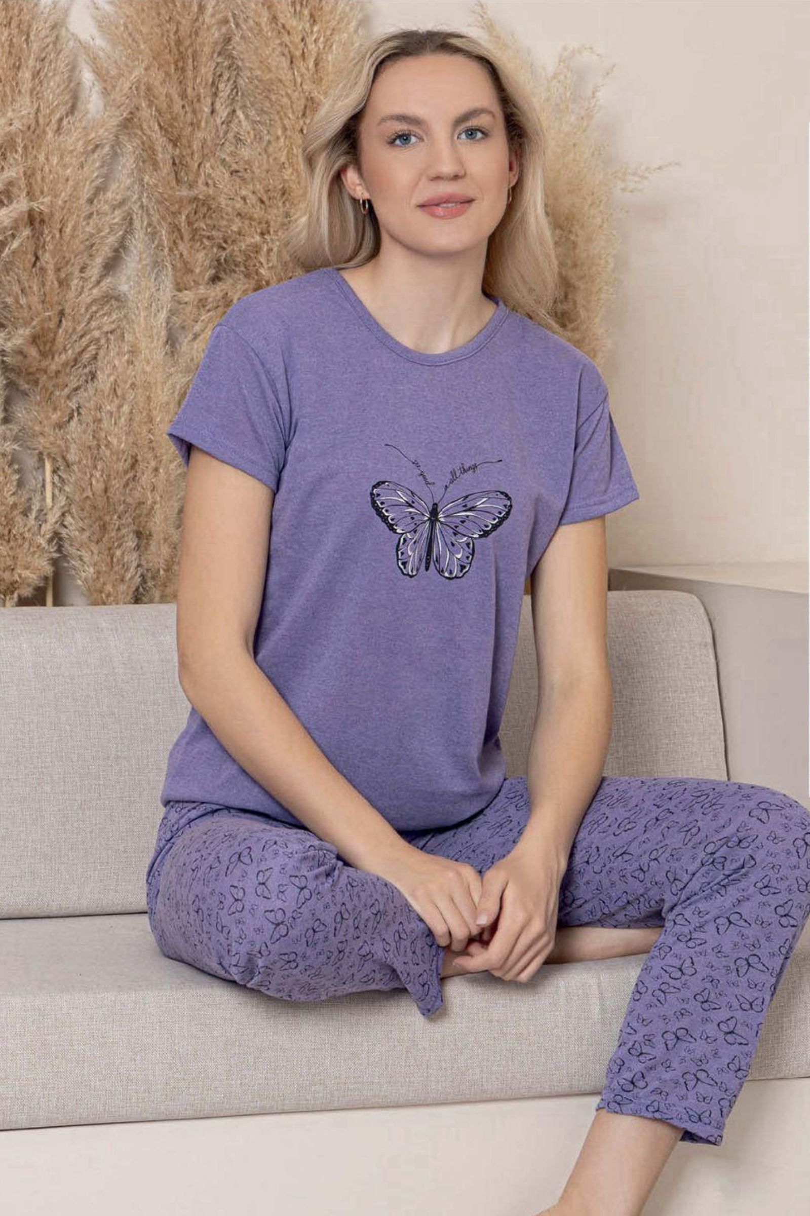 Ecodream Kısa Kollu Desenli Ekonomik Kadın Pijama Takımı - Mor