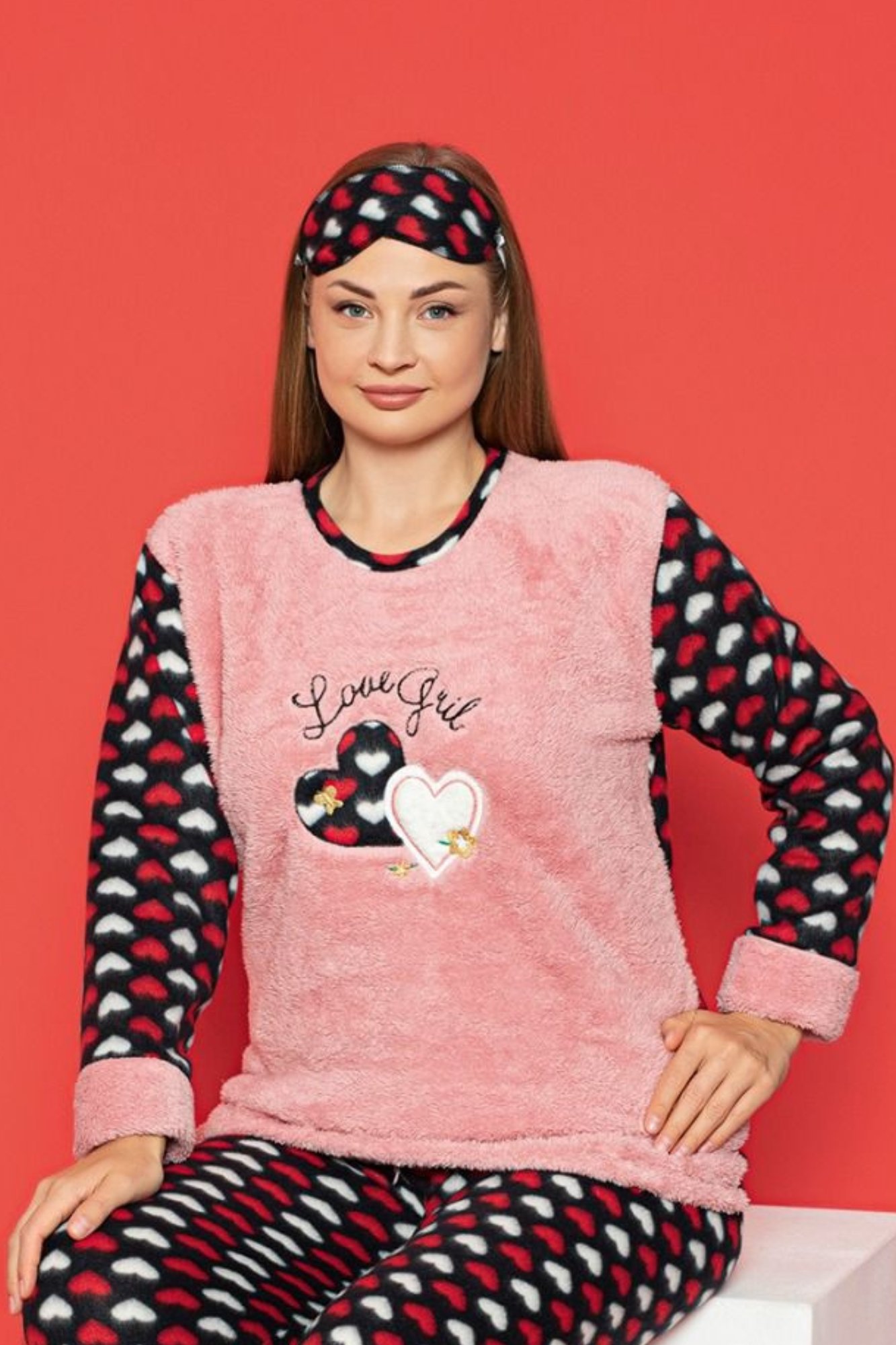 X-Dreamy Büyük Beden Welsoft Polar Kalp Desenli Peluş Pijama Takımı - Pembe