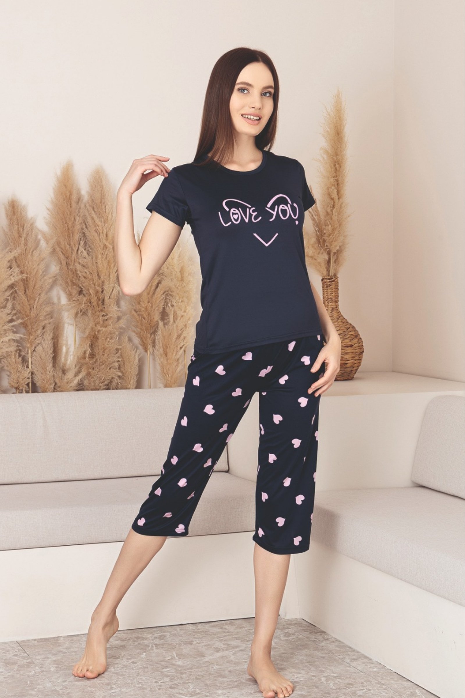 Dreamy Milan Bambu Likralı Desenli Kısa Kollu Kapri Pijama Takımı - Lacivert