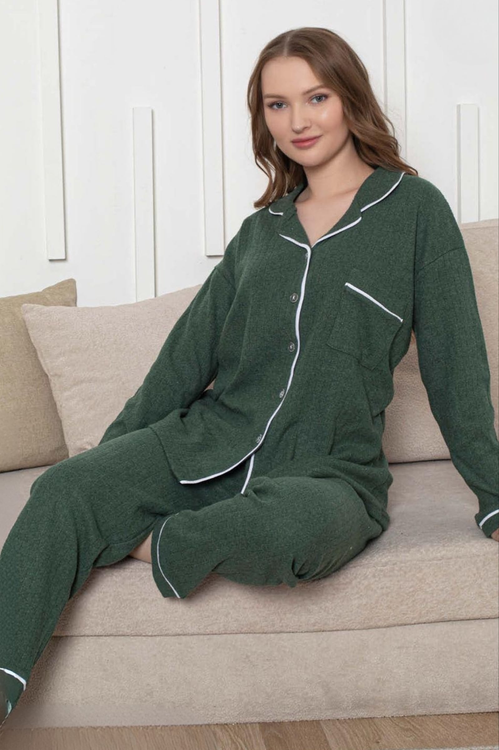 Pamuklu Kışlık İnterlok Şeritli Uzun Kollu Düğmeli Biyeli Gömlek Pijama Takımı - Yeşil