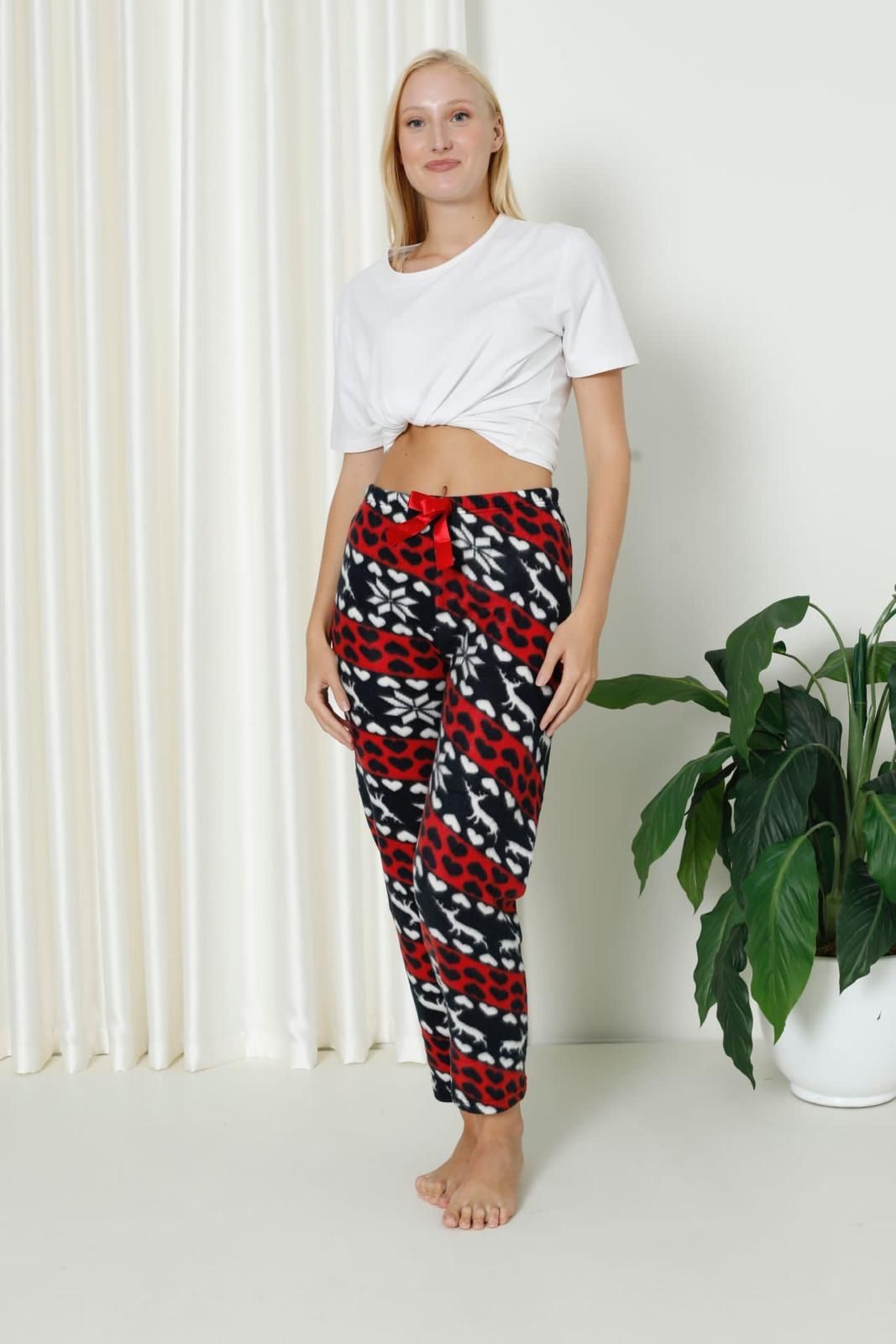 Luxury Soft Welsoft Polar Desenli Kurdeleli Kışlık Pijama Altı Pantolon - Lacivert