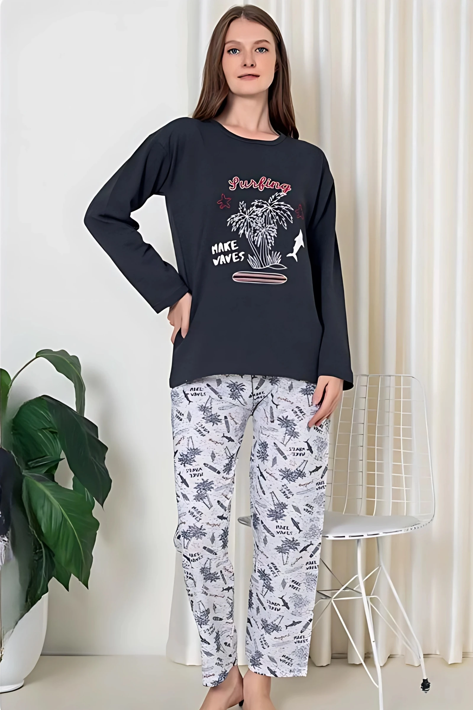 Dreamy Pamuklu Desenli 2 İplik Uzun Kollu Pijama Takımı - FÜME