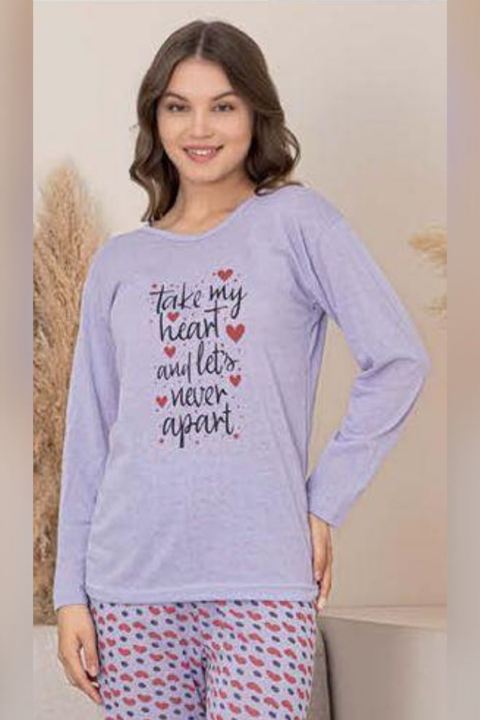Ecodream Uzun Kollu Desenli Ekonomik Kadın Pijama Takımı - Lila