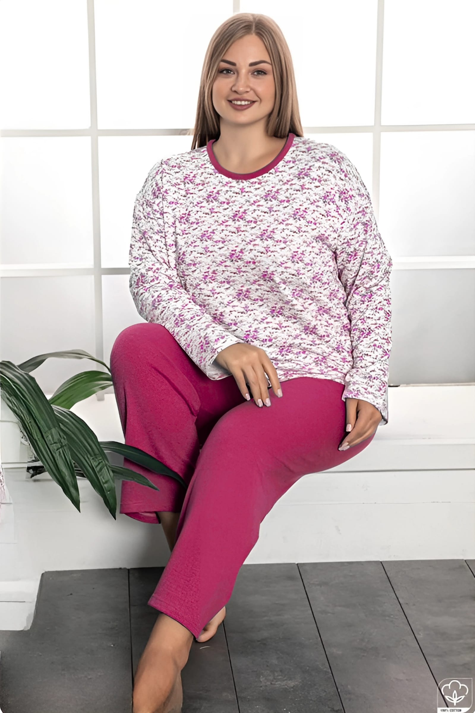 Büyük Beden Pamuklu 2 İplik Şardonlu Kışlık Uzun Kollu Pijama Takımı - Fuşya