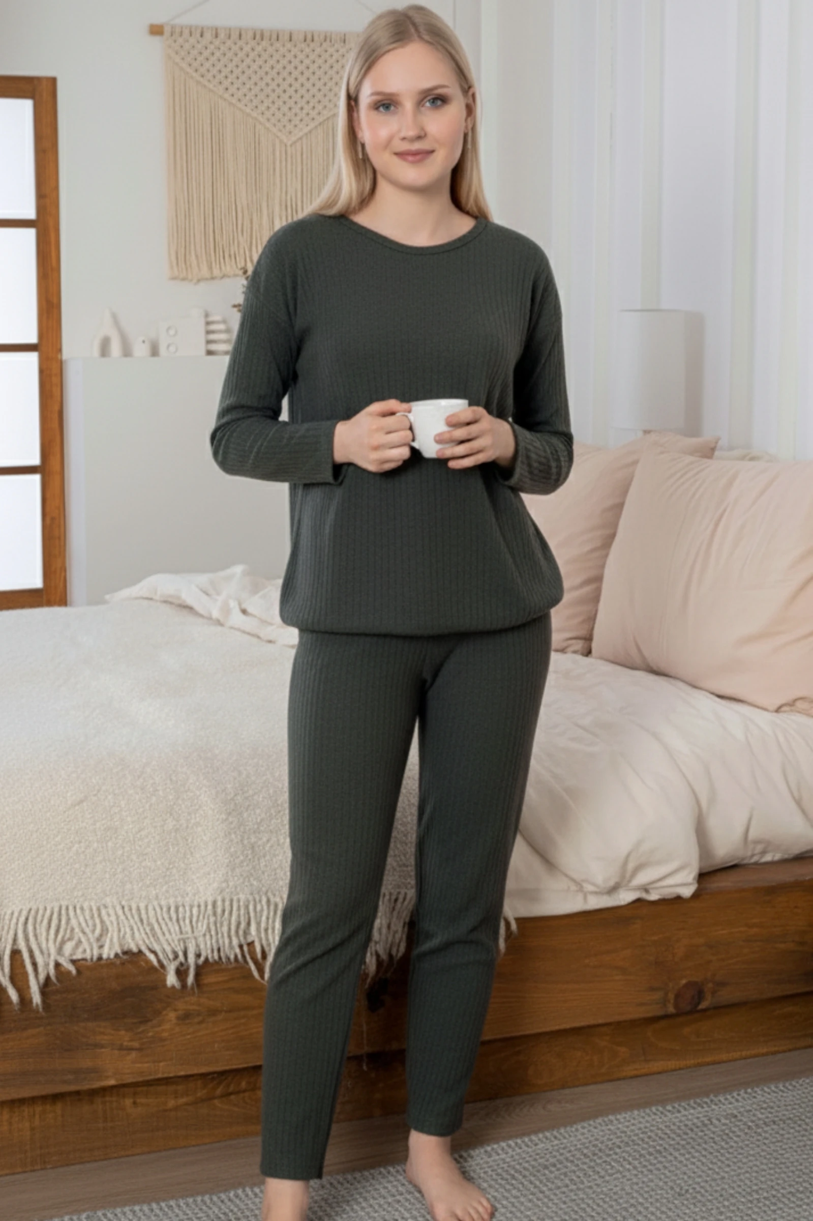 Kalın Kışlık İnterlok Şeritli Uzun Kollu Örme Pijama Takımı - Yeşil