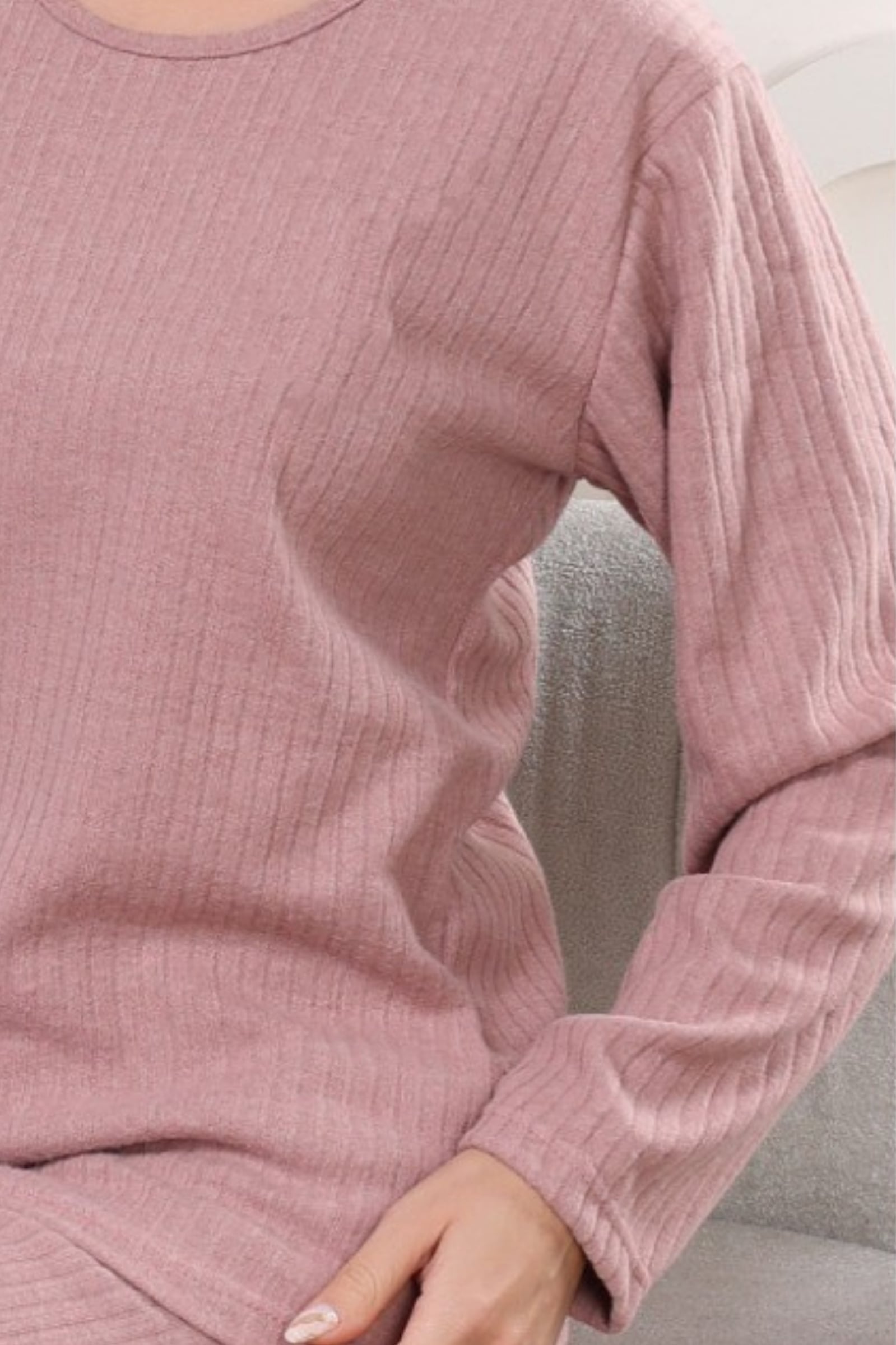 Kalın Kışlık İnterlok Şeritli Uzun Kollu Örme Pijama Takımı - Pembe