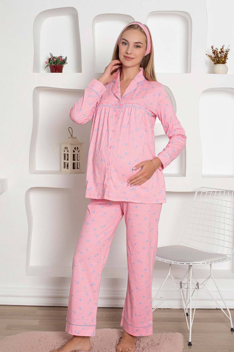 Mother's Dream Pamuklu Biyeli Düğmeli Hamile Lohusa Pijama Takımı - Pembe