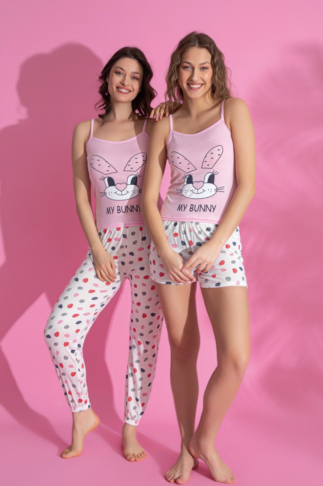 Dreamy 3 Parça Desenli İp Askılı Şortlu Pantolonlu Viskon Pijama Takımı - Pembe