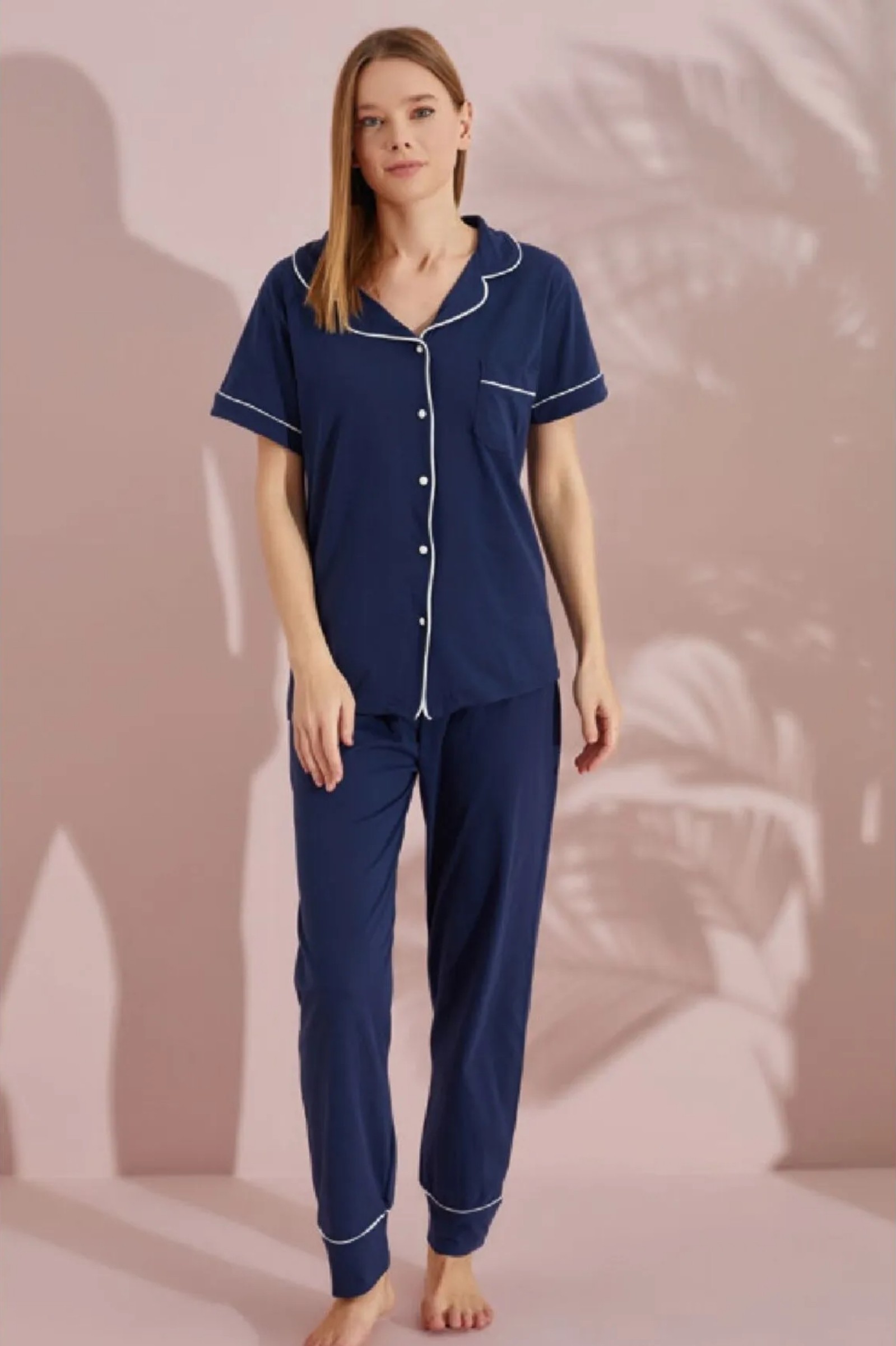 Dreamy Pamuklu Biyeli Kısa Kollu Cep Detaylı Gömlek Pijama Takımı - Lacivert