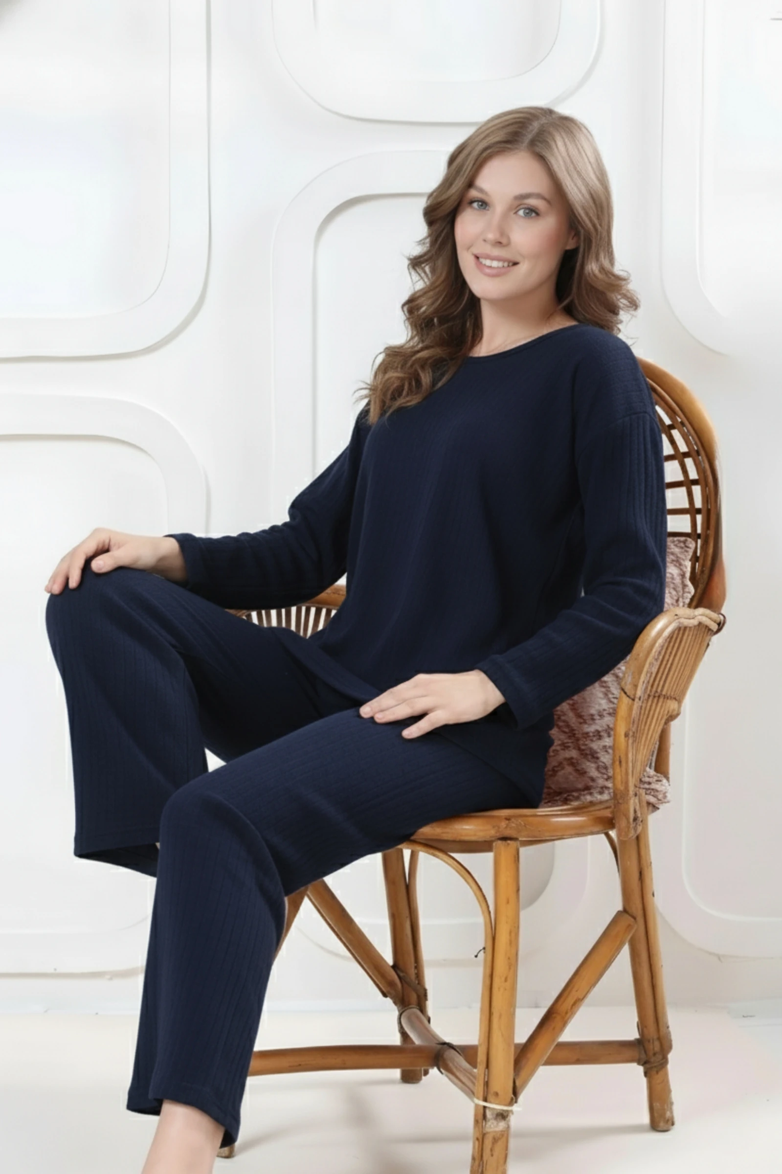 Pamuklu Kalın Kışlık İnterlok Şeritli Uzun Kollu Örme Pijama Takımı - Koyu Lacivert