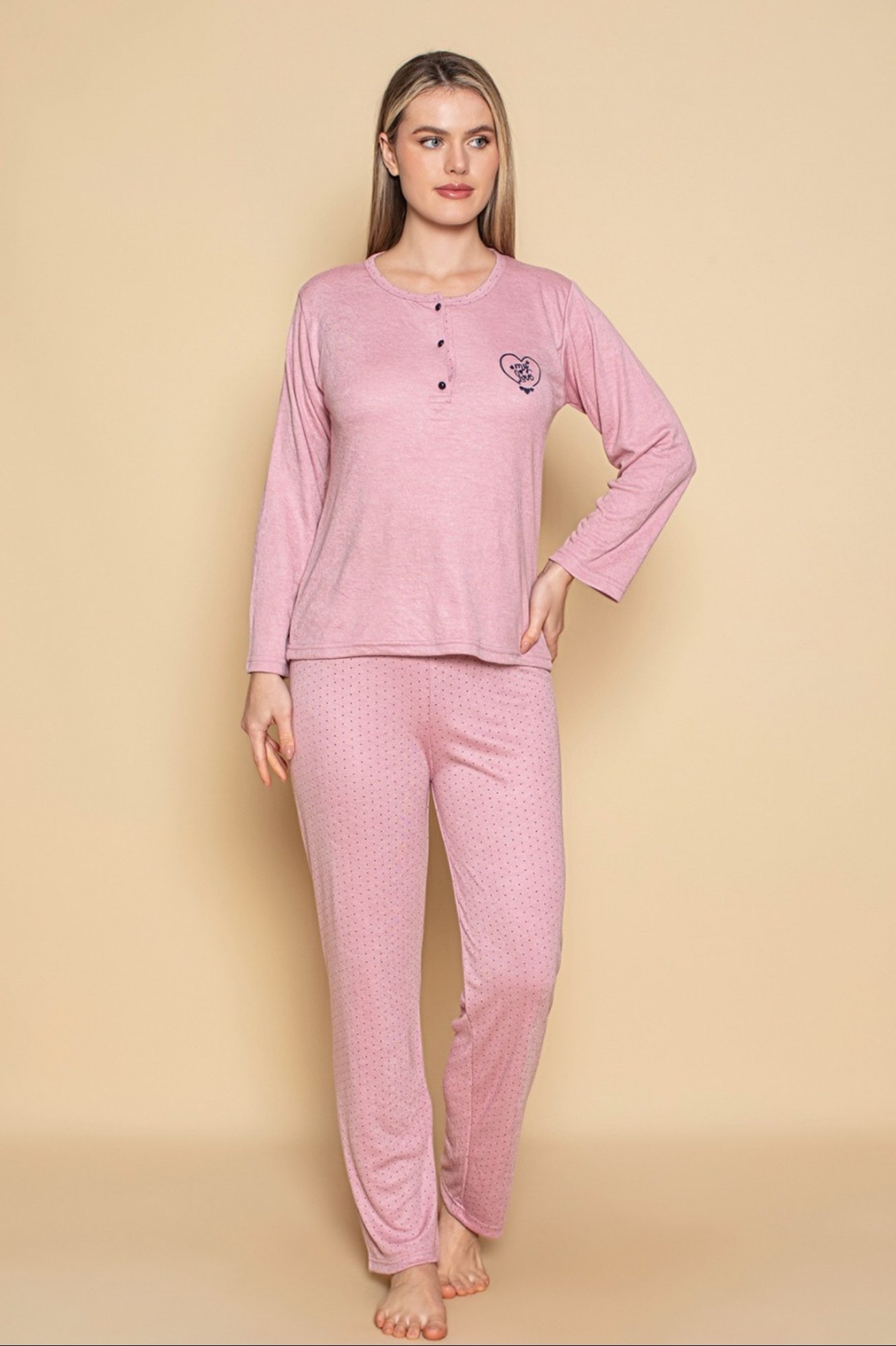 Dreamy Bambu Uzun Kollu Puantiyeli Düğmeli Yaka Pijama Takımı - Pembe Puantiyeli