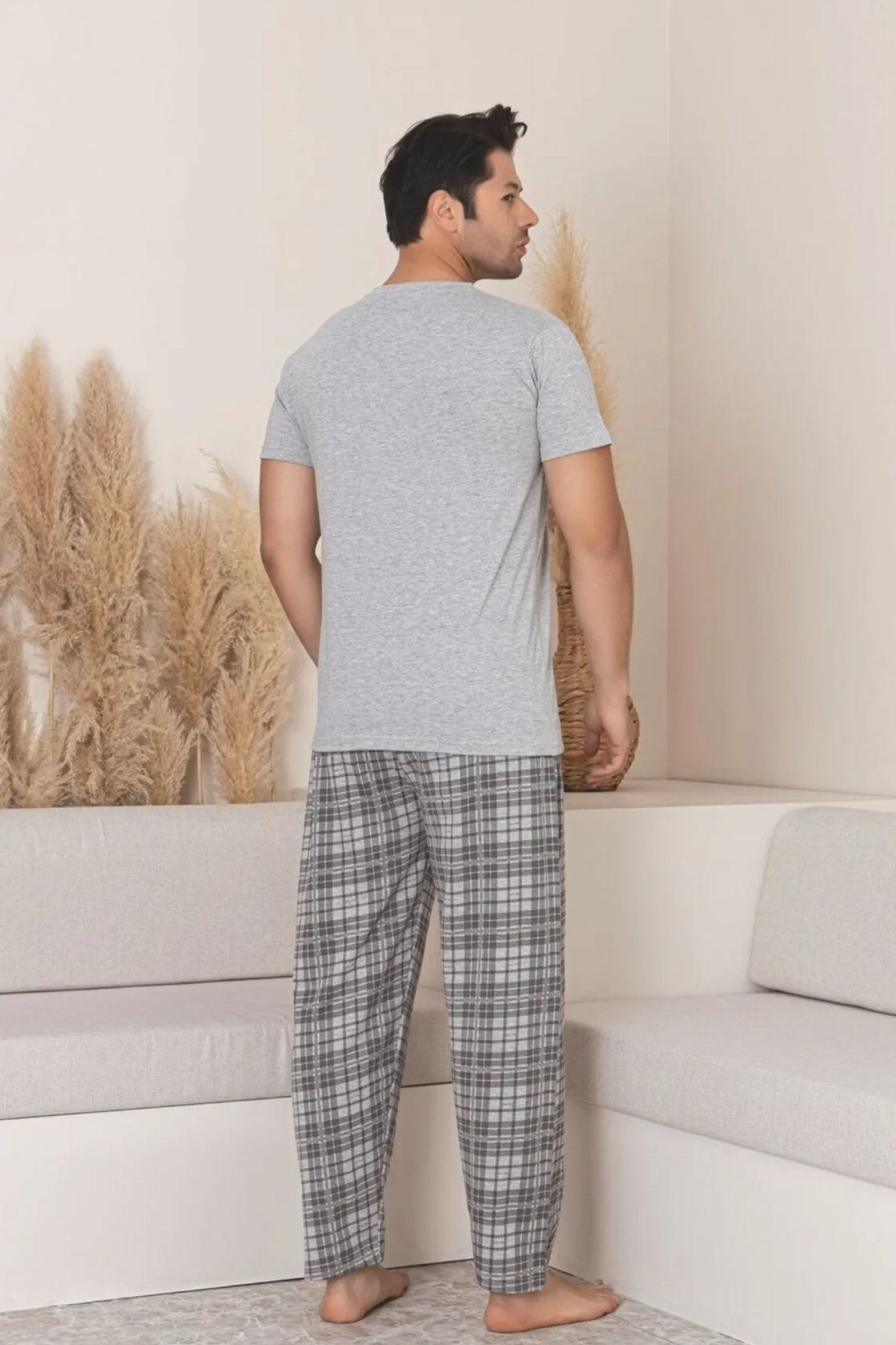 Dreamy Pamuklu Ekose Kareli Kısa Kollu Örme Erkek Pijama Takımı