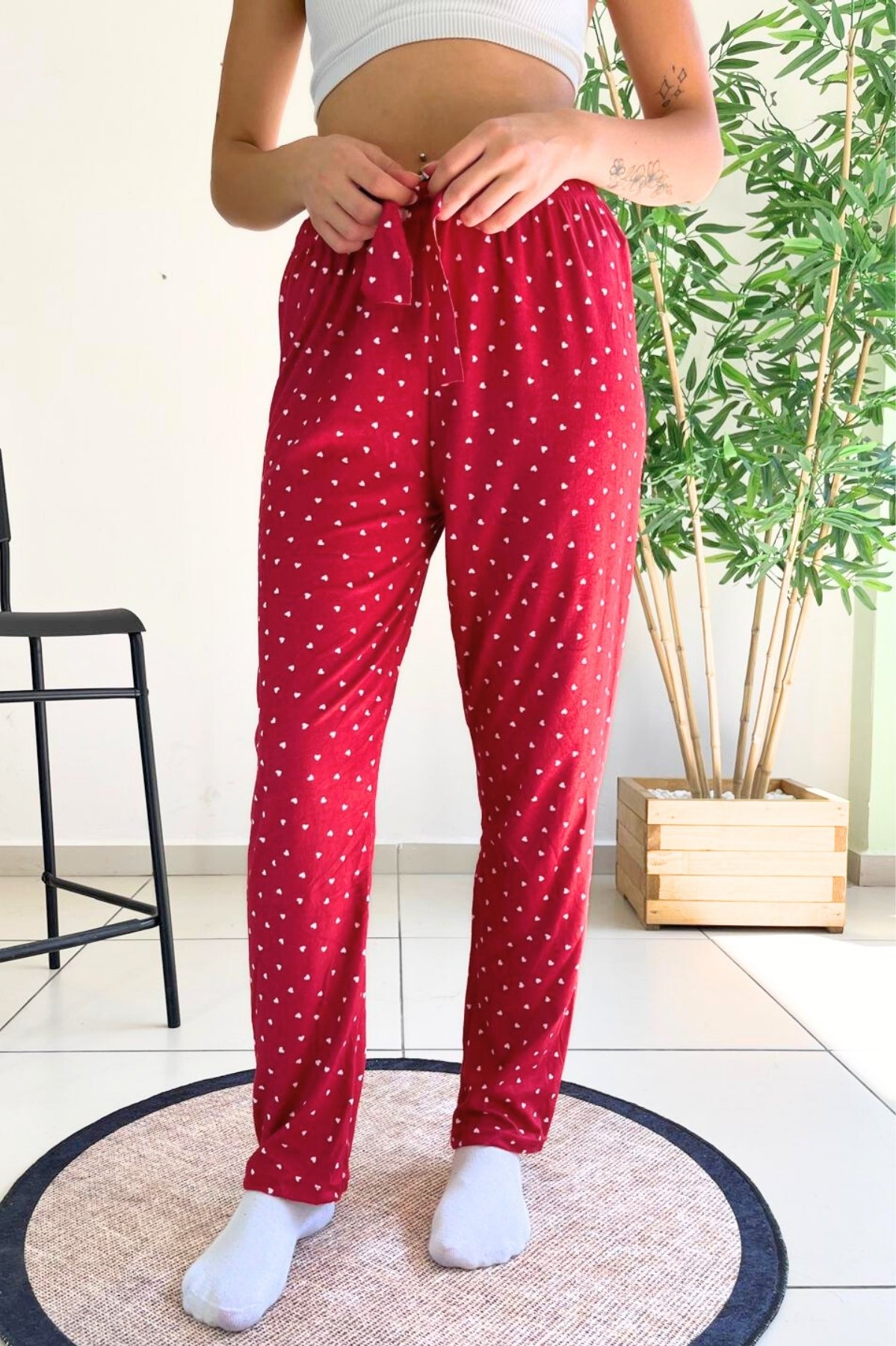 Dreamy Soft Kadife Dokulu Desenli Süet Pijama Altı Pantolon - Bordo