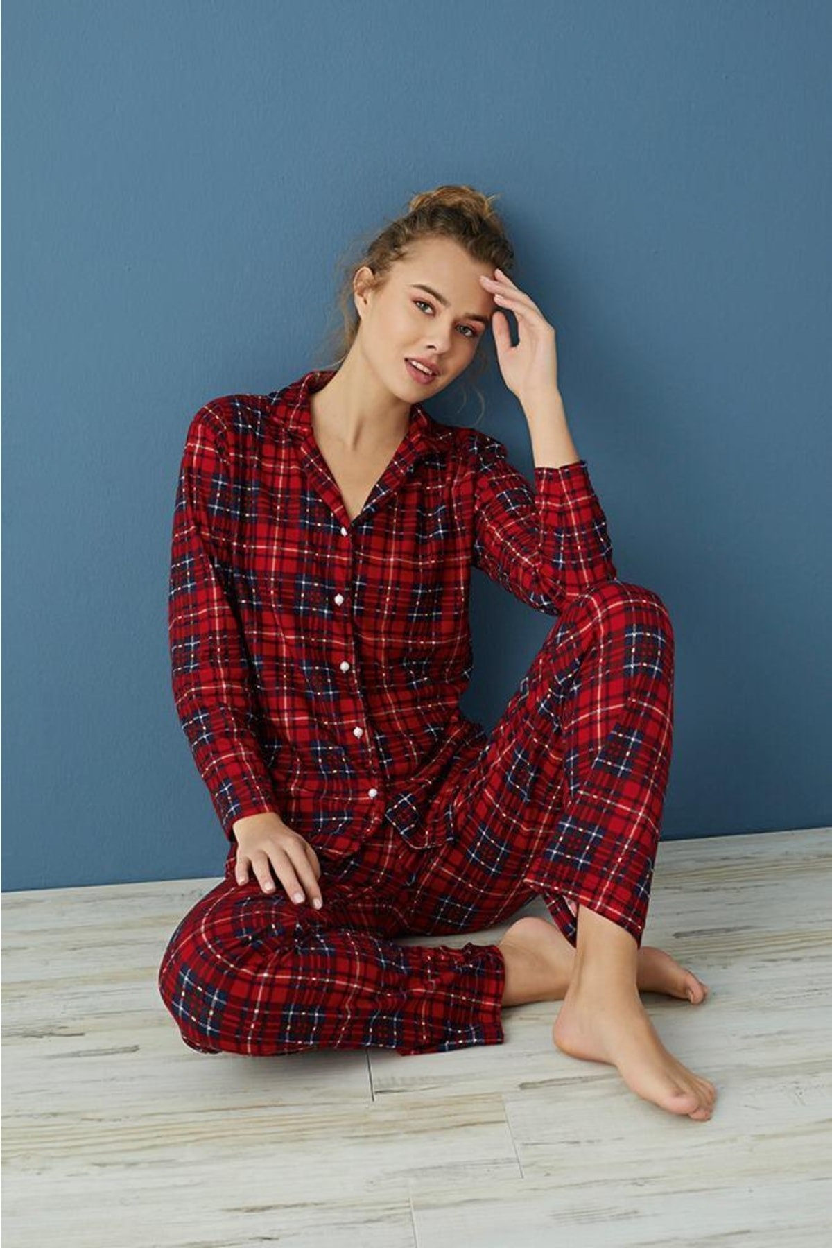 Dreamy Pamuklu Süet Ekose Desenli Pijama Altı Pantolon - Kırmızı/Mavi