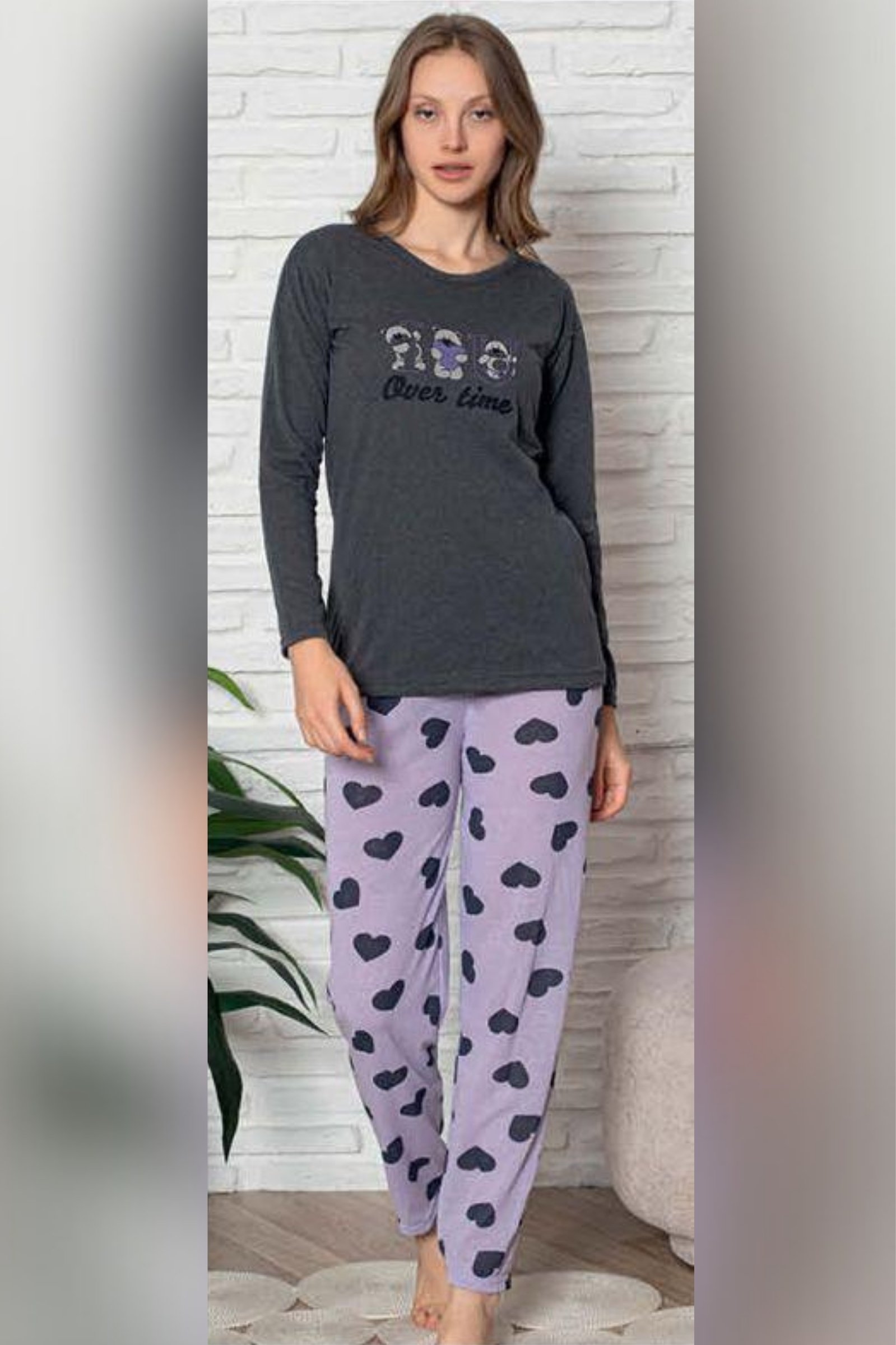 Ecodream Uzun Kollu Desenli Ekonomik Kadın Pijama Takımı - Gri