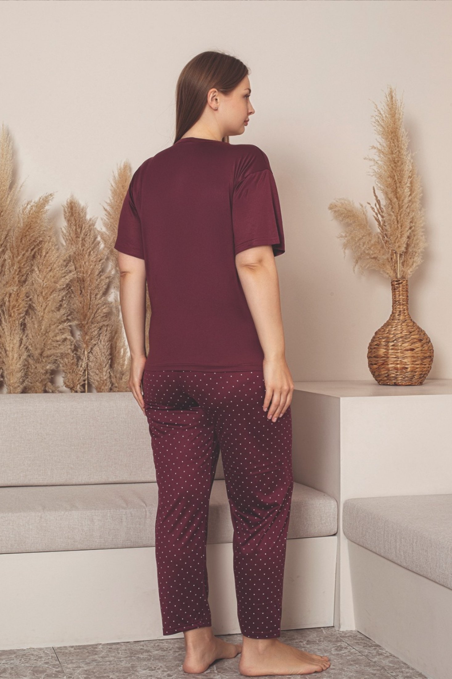 Büyük Beden Milan Bambu Kısa Kollu Likralı Penye Pijama Takımı - Bordo