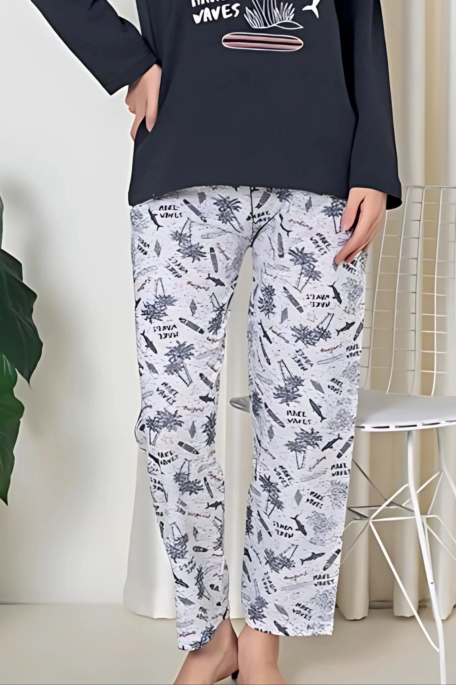 Dreamy Pamuklu Desenli 2 İplik Uzun Kollu Pijama Takımı - FÜME