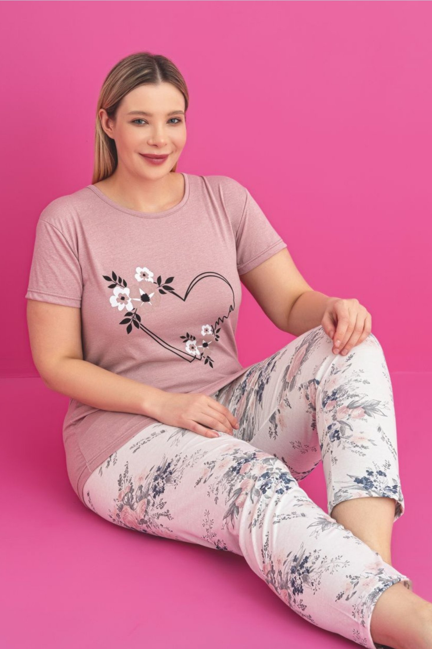 X-Dreamy Büyük Beden Pamuklu Desenli Kısa Kollu Pijama Takımı - Kahverengi