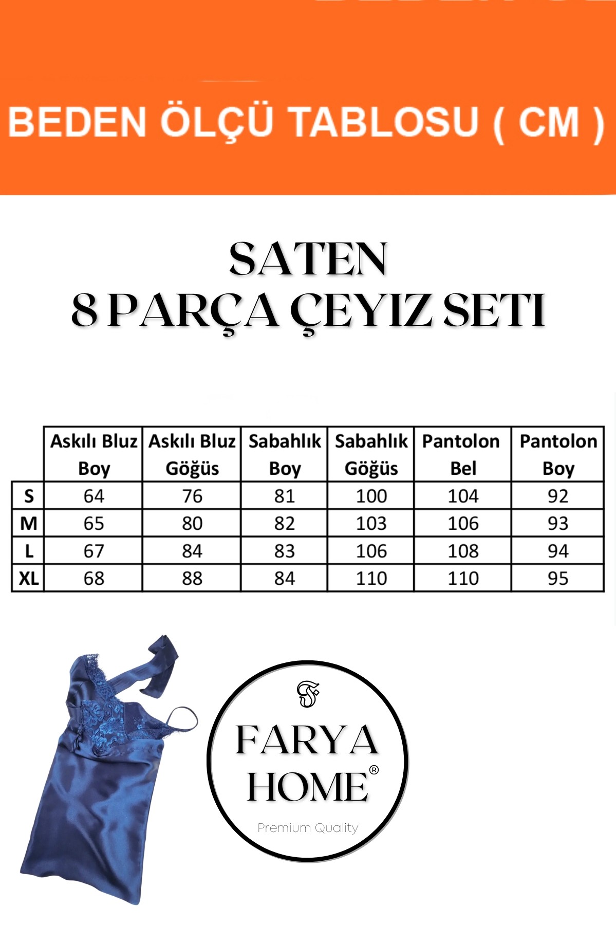 Faryanight 8 Parça İpek Saten Gecelik Sabahlık Büstiyer Pijama Şort Çeyiz Seti - Lacivert