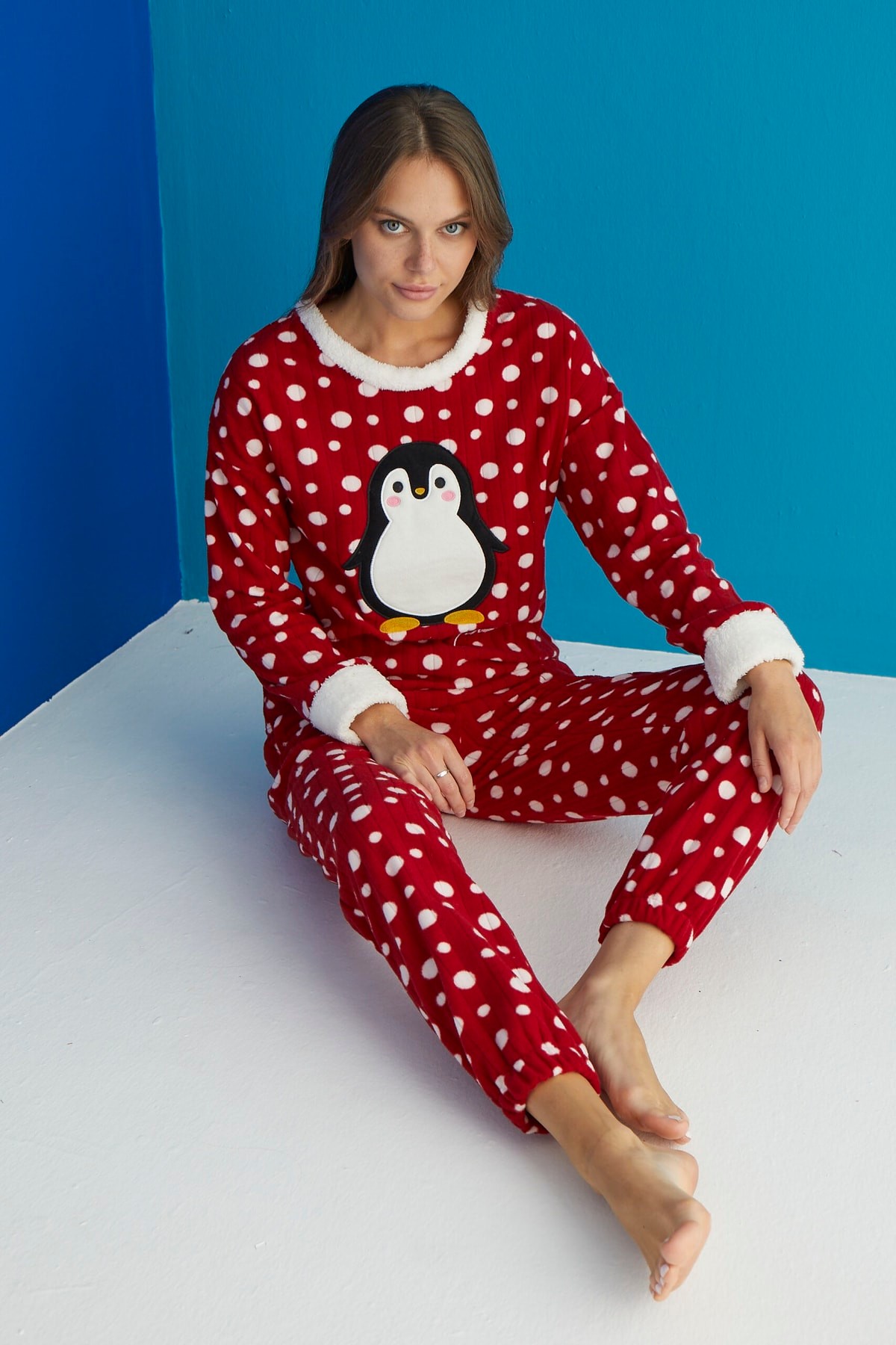 Luxury Soft Penguen Desenli Puantiyeli Fitilli Polar Pijama Takımı