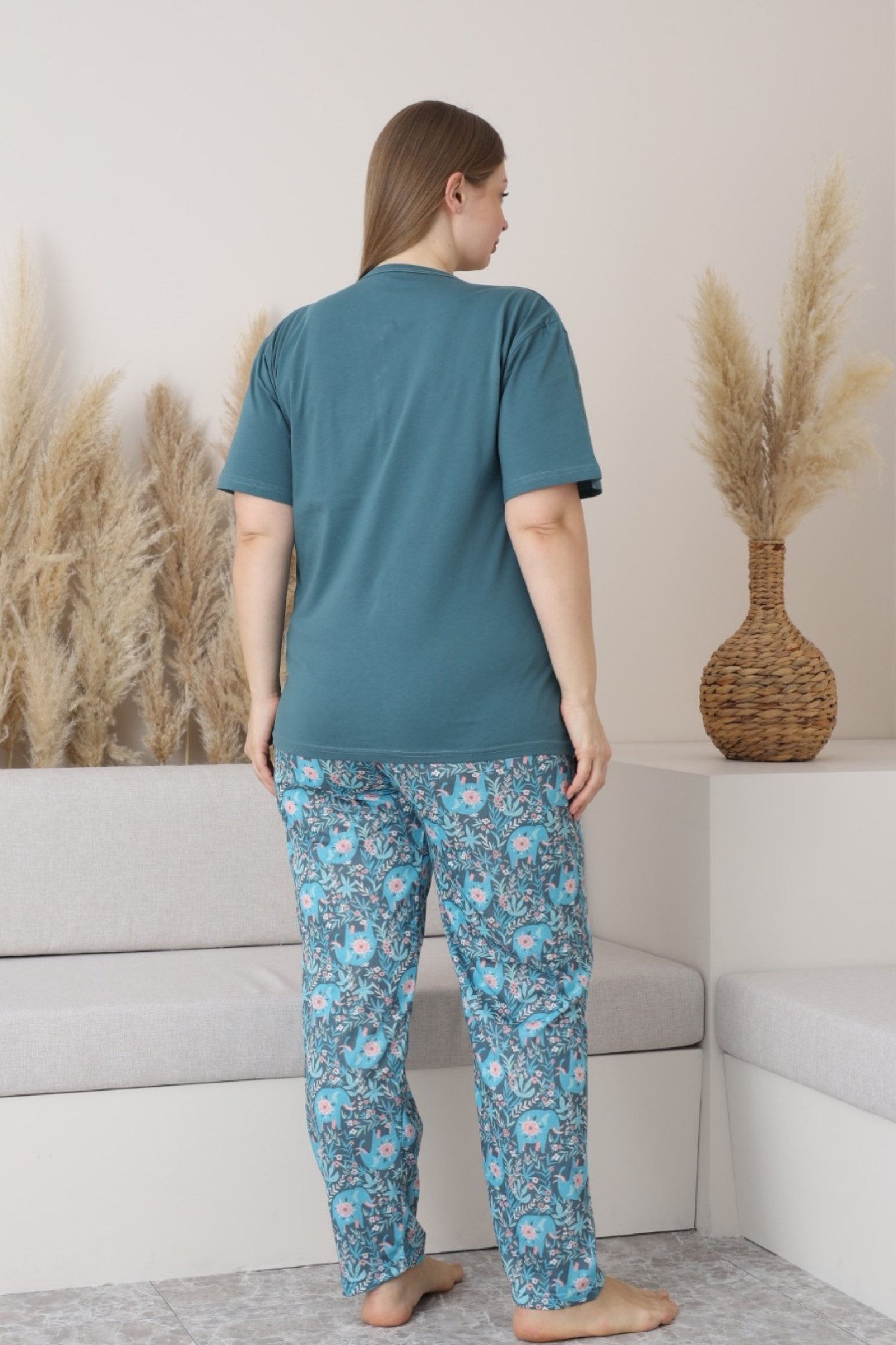 X-Dreamy Büyük Beden Pamuklu Düğmeli Yaka Kısa Kollu Penye Pijama Takımı - Petrol Yeşili