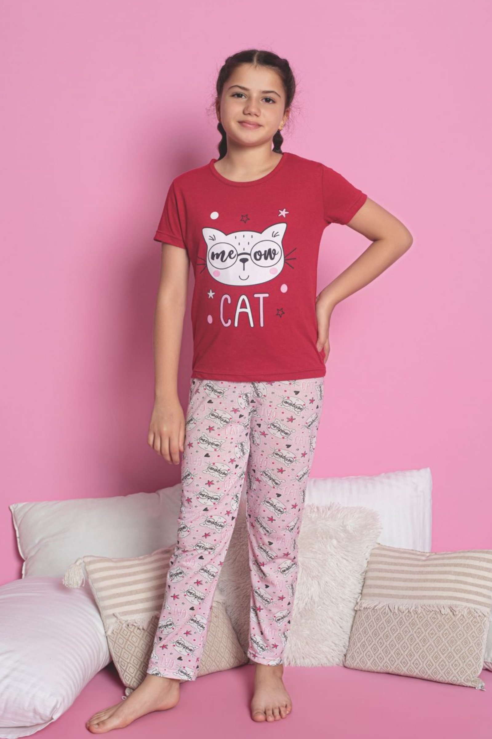 Faryakids Pamuklu Kısa Kollu Kedi Desenli Kız Çocuk Pijama Takımı