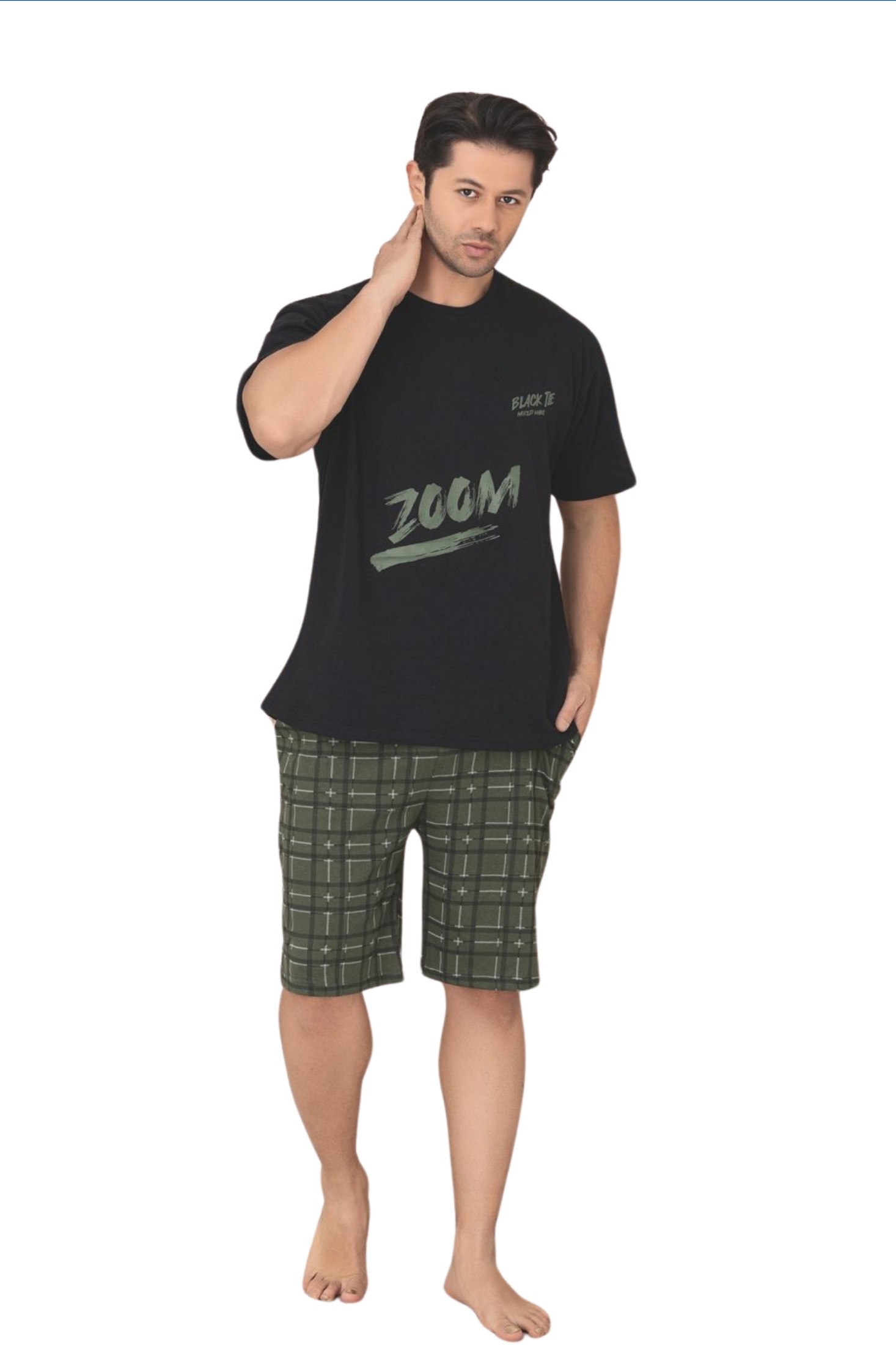 Büyük Beden Pamuklu Kısa Kollu Şortlu Erkek Pijama Takımı - Siyah