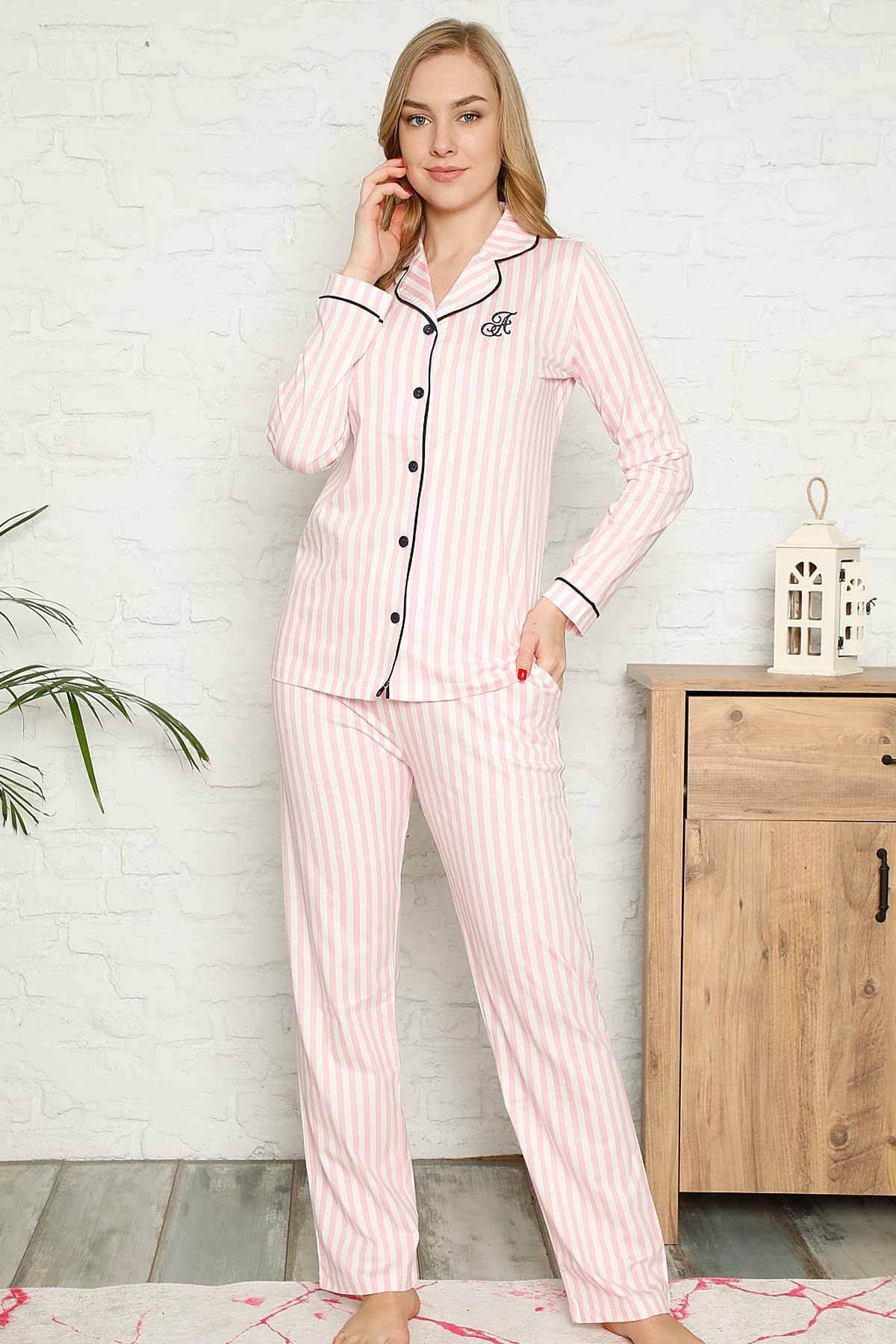 Dreamy Secret Pamuklu Likralı Biyeli Kısa Kollu Gömlek Pijama Takımı Pembe - Pembe Beyaz