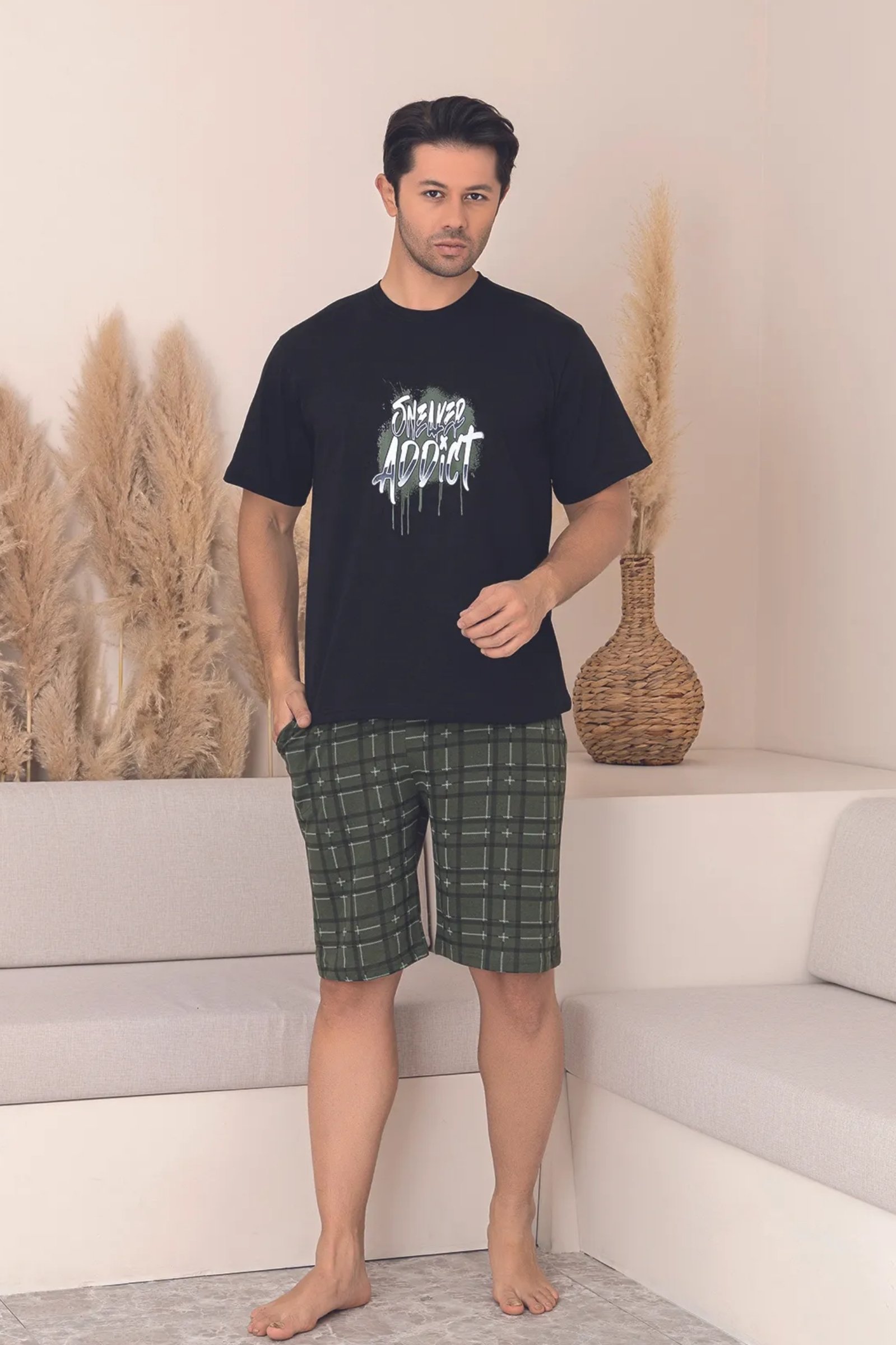 Dreamy Pamuklu Cepli Desenli Kısa Kollu Şortlu Erkek Pijama Takımı - Yeşil