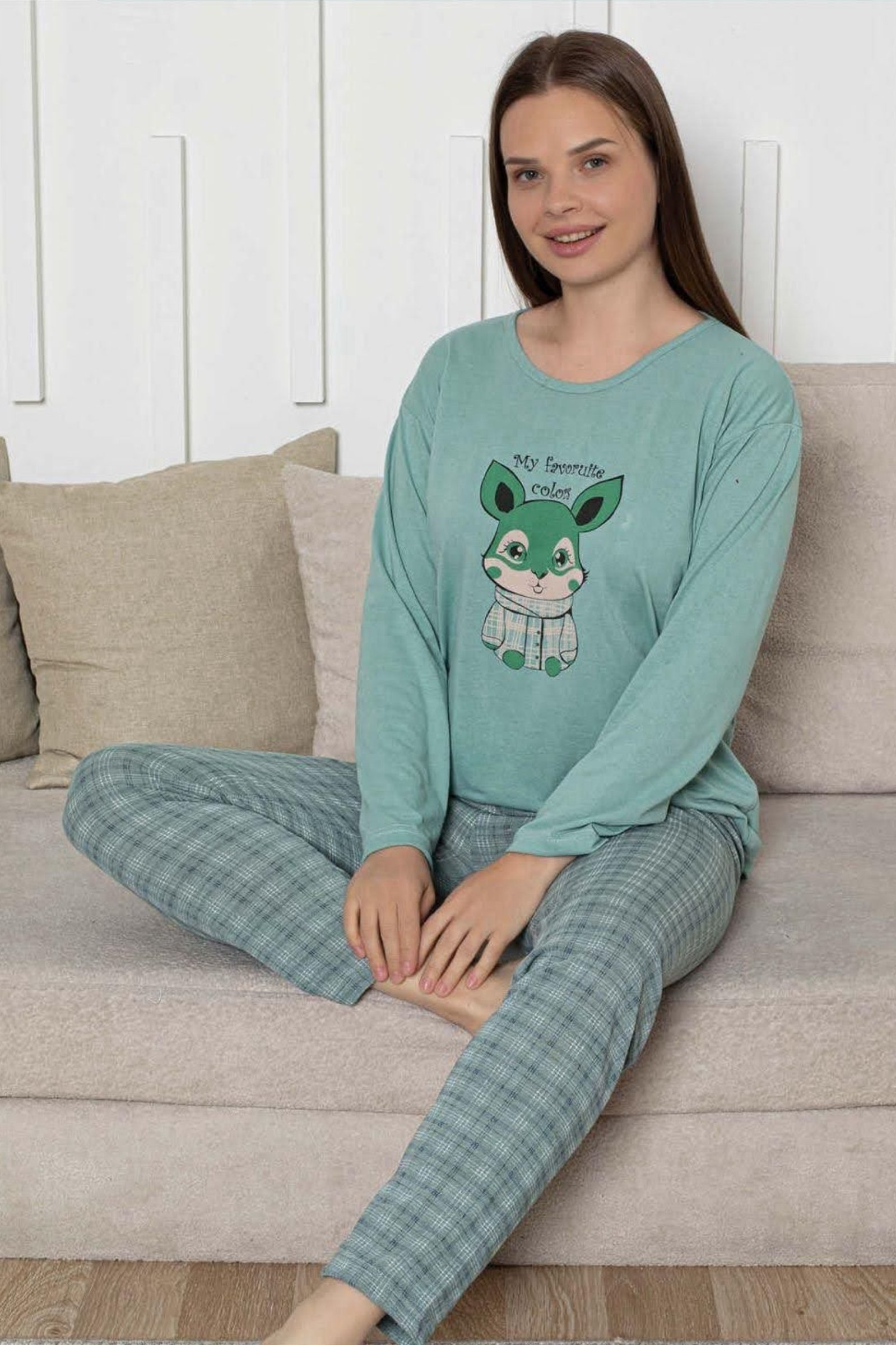 Ecodream Uzun Kollu Desenli Ekonomik Kadın Pijama Takımı - Yeşil