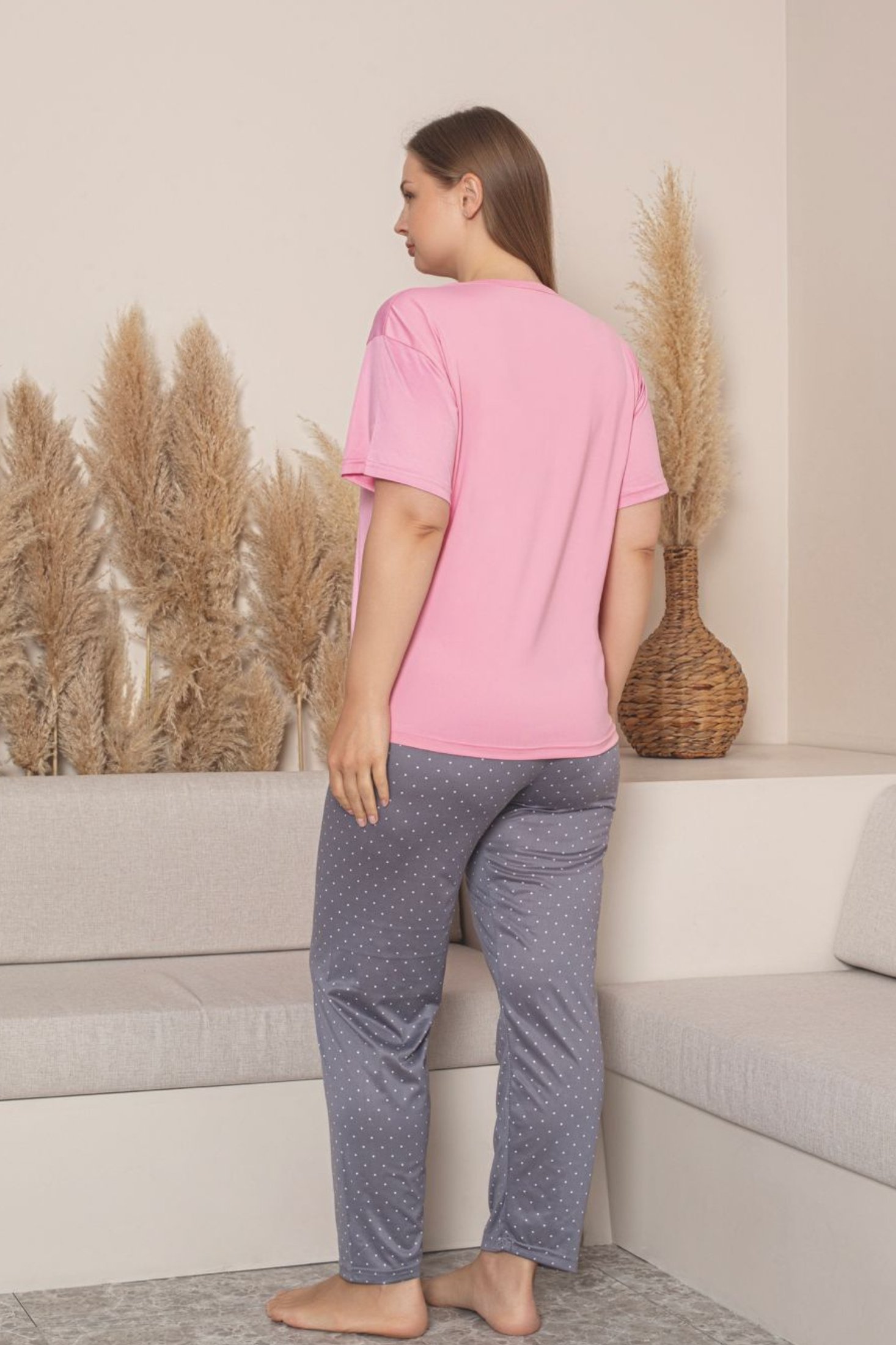 Büyük Beden Milan Bambu Kısa Kollu Likralı Penye Pijama Takımı - Pembe