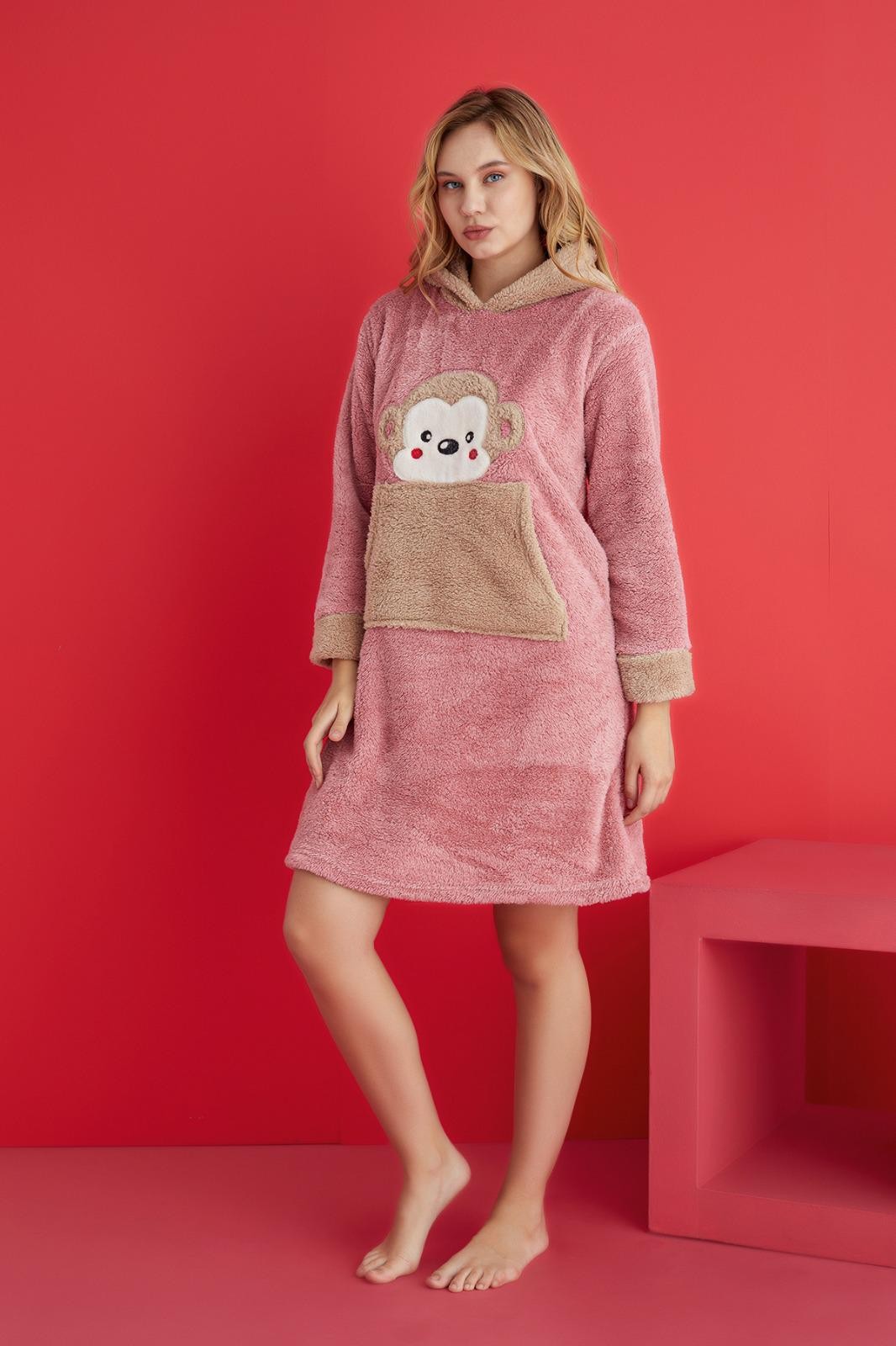 Luxury Soft Welsoft Polar Kapüşonlu Cepli Desenli Peluş Gecelik Elbise
