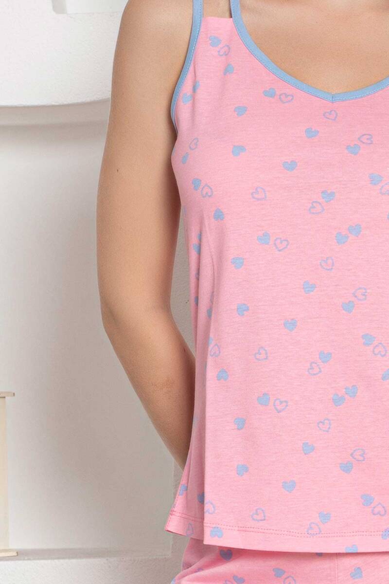 Exclusive Pamuklu Askılı Kalp Desenli Şortlu Penye Pijama Takımı - Pembe