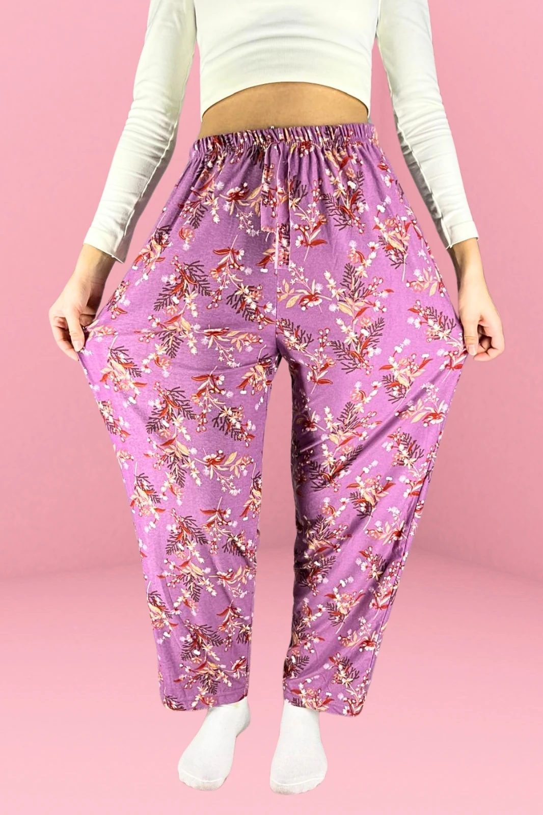 X-Dreamy Büyük Beden Kadife Dokulu Desenli Süet Pijama Altı Pantolon - Lila